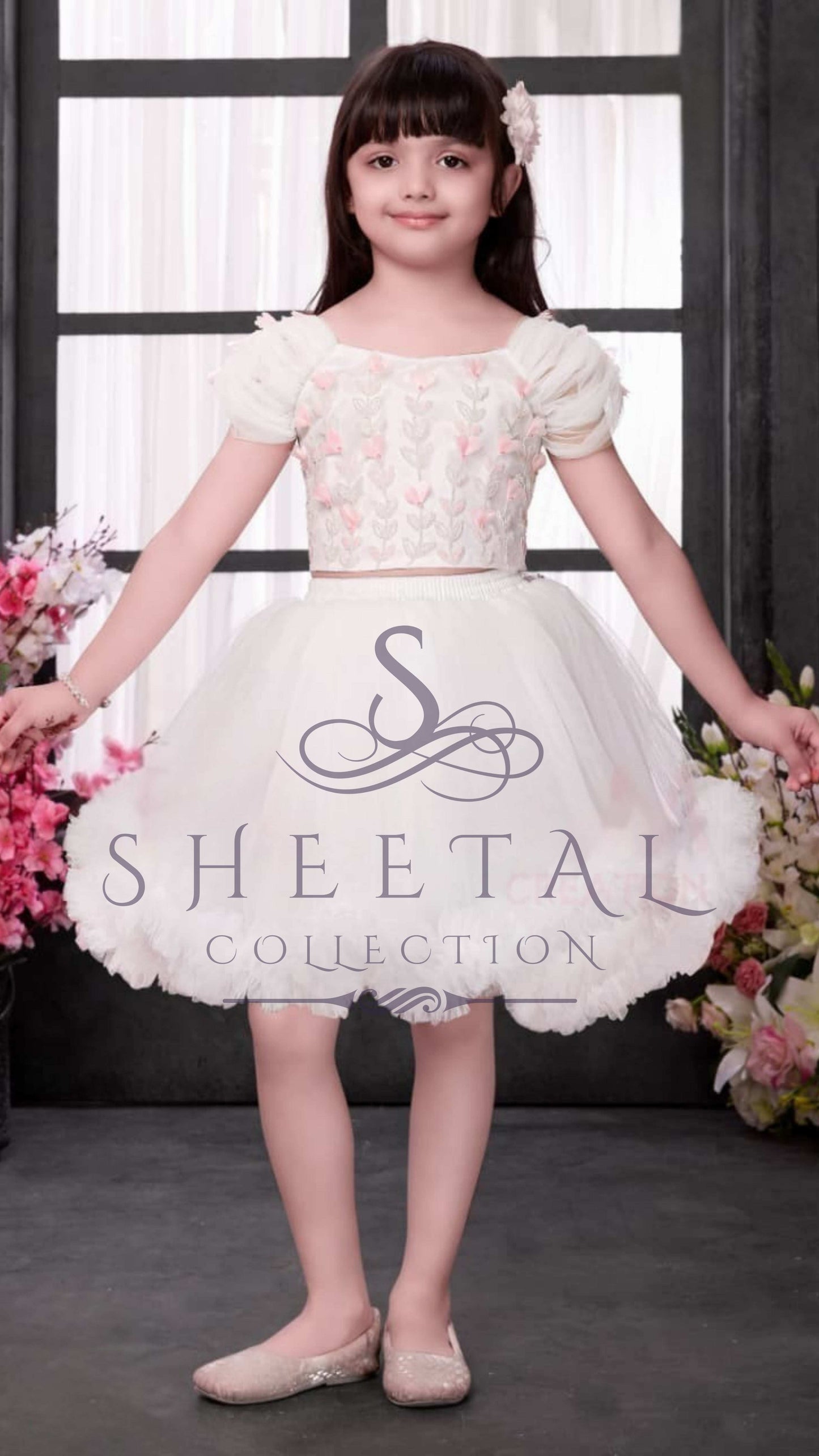 White Feather Hem Party Dress with Pastel Embroidery