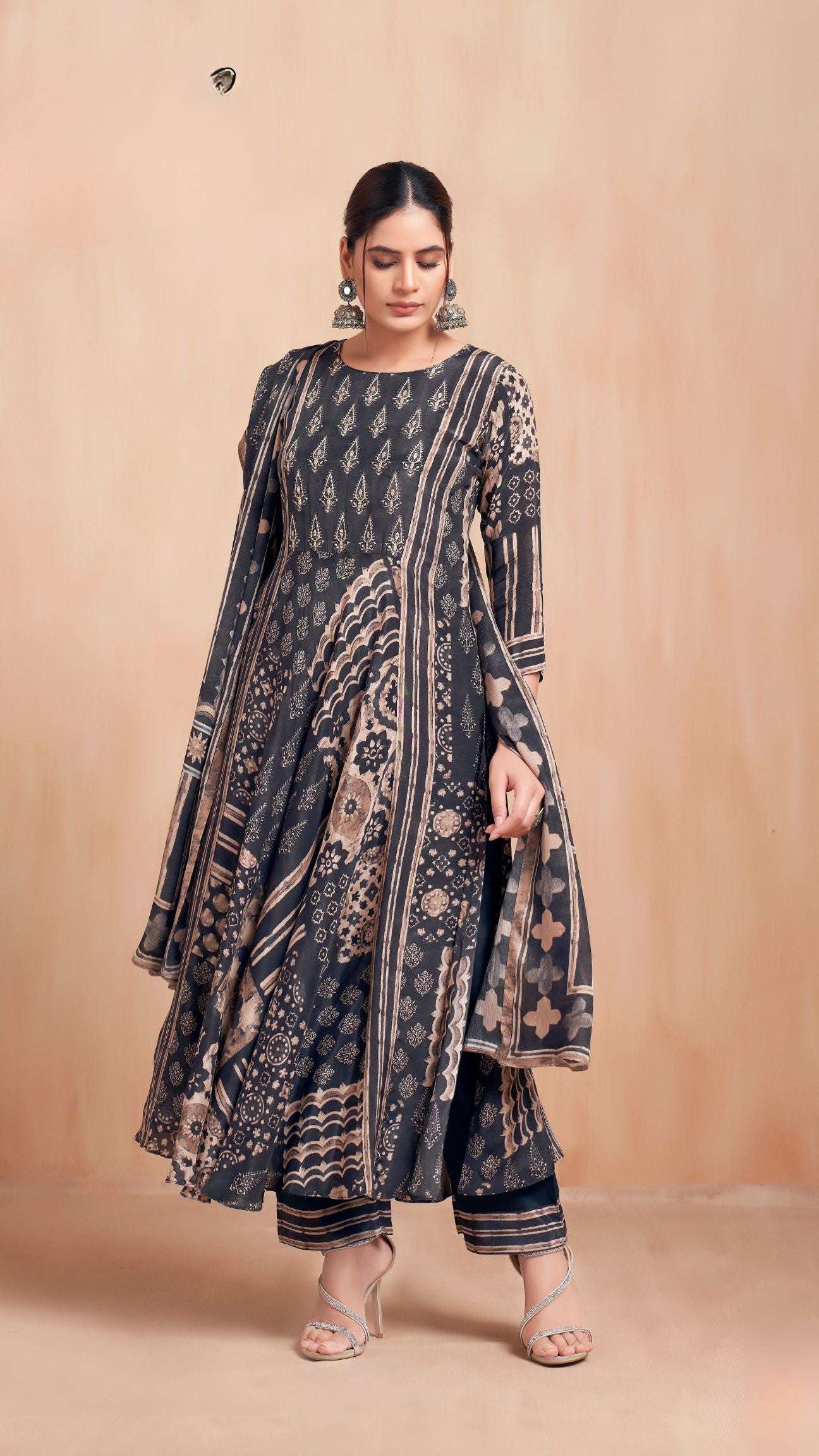 Black Flared Print Kurta Set