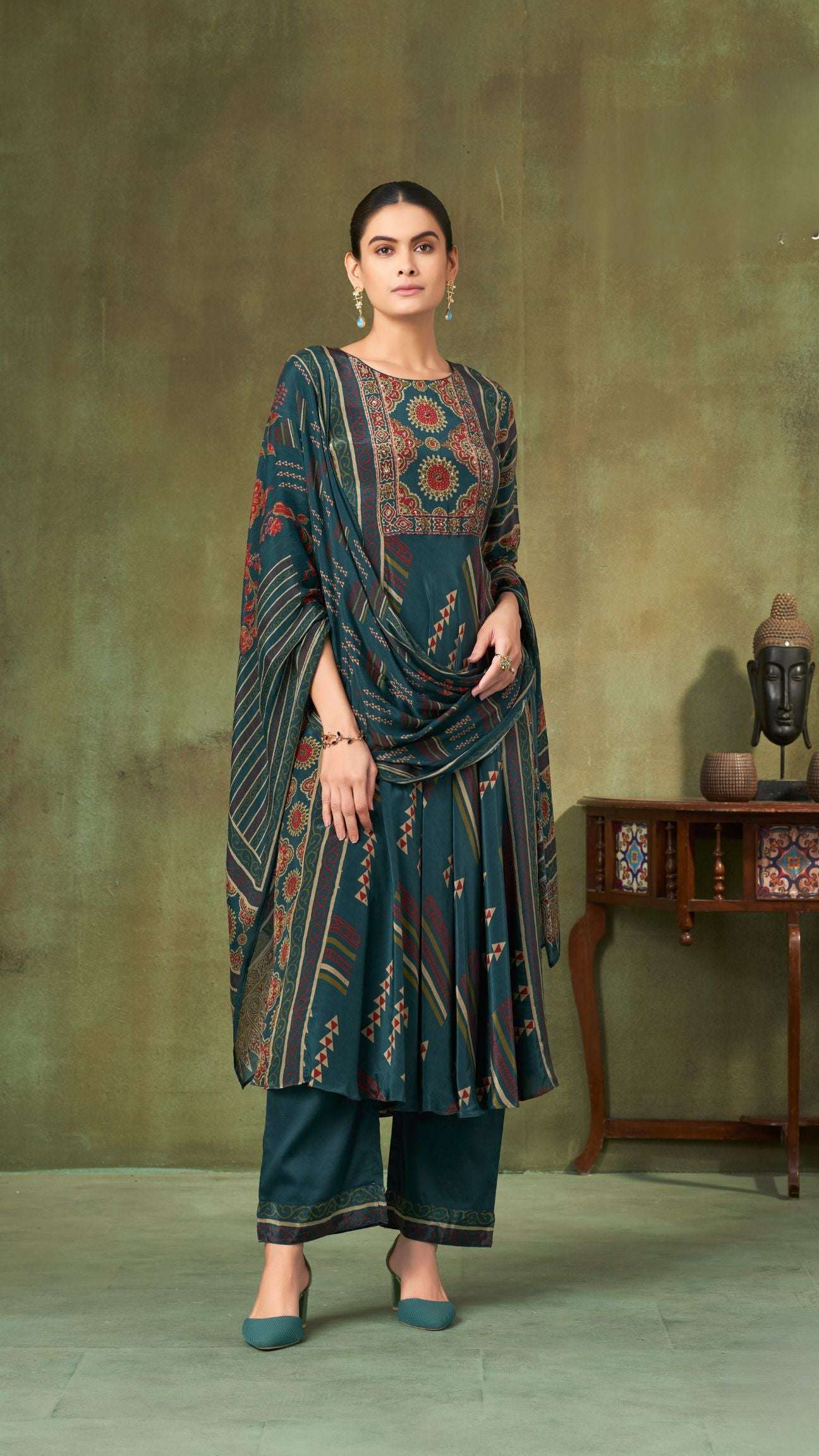 Teal Flared Print Kurta Set