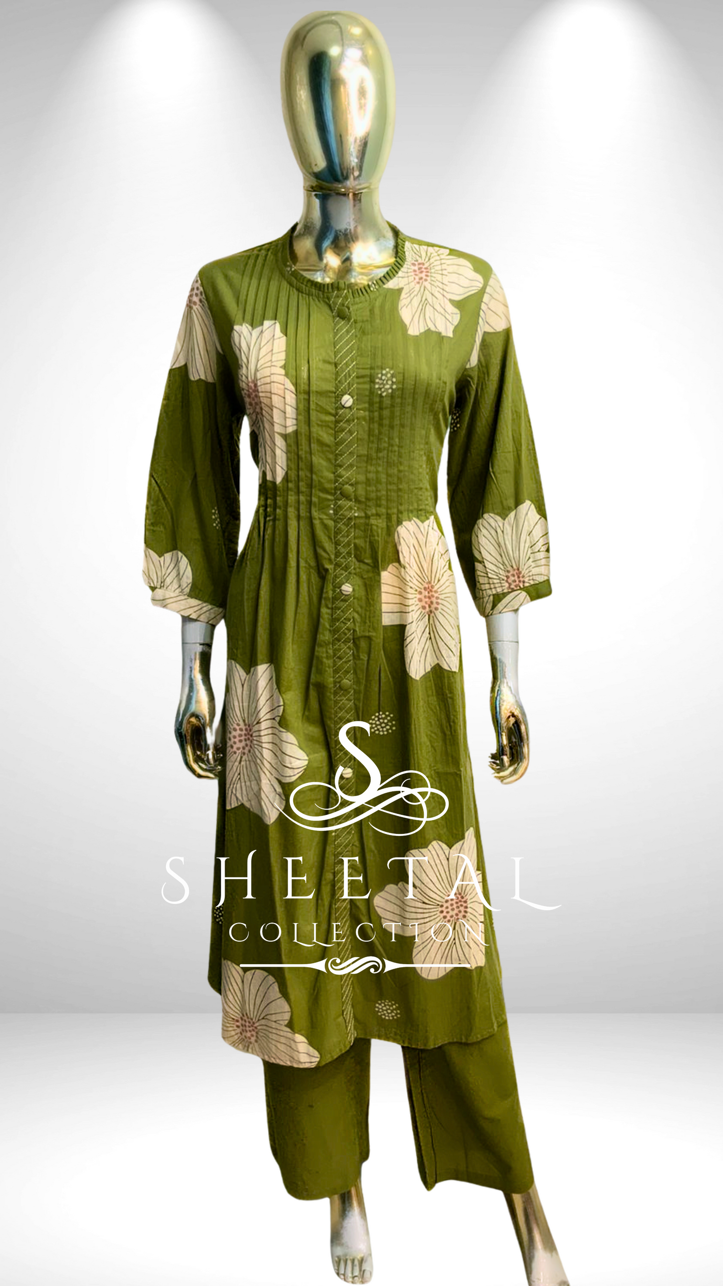Olive Green Floral Print Cotton 2 piece suit