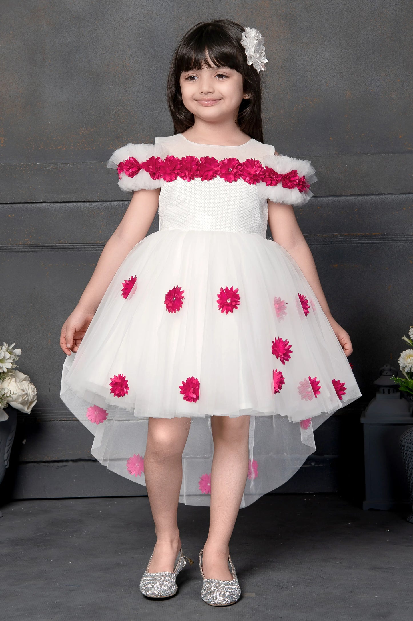 White & Pink Flower Applique Off Shoulder Party Frock for Girls