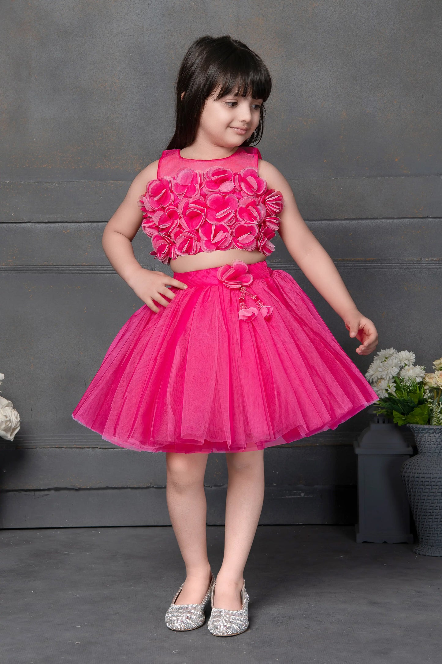 Hot Pink Two-Piece Crop Top and Tutu Skirt with 3D Rosette Embellishments for Girls