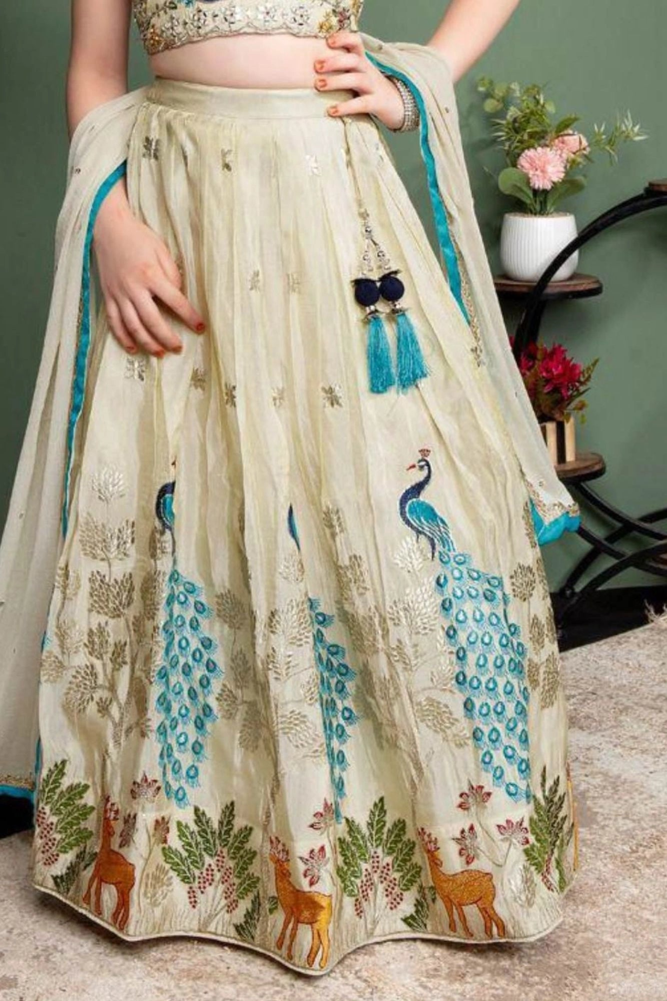 Off-White Peacock Embroidered Kids Lehenga Choli Set for Girls