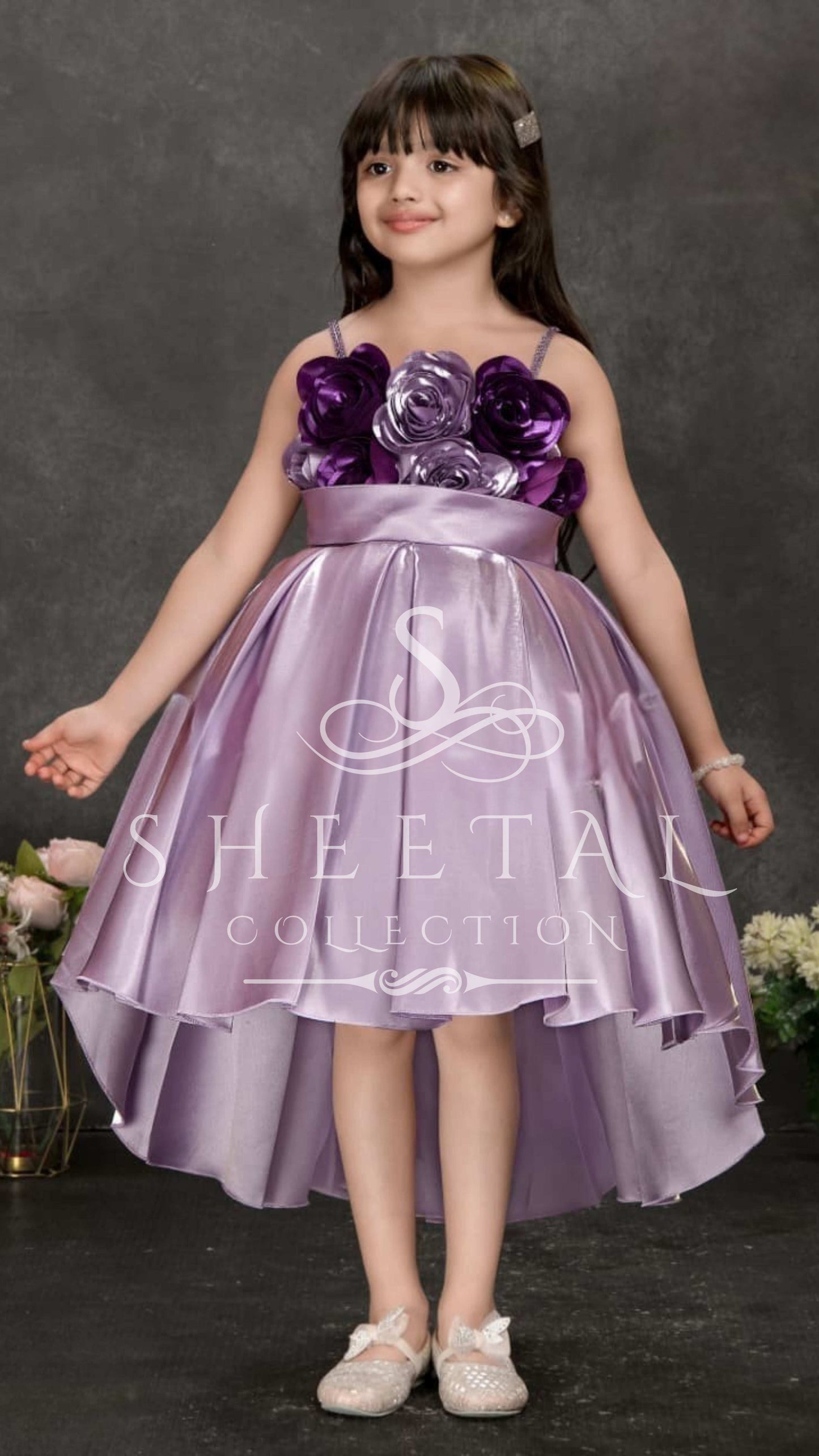 Lavender Satin High-Low Party Dress with 3D Floral Bodice β Girls Exclusive by Sheetal collection