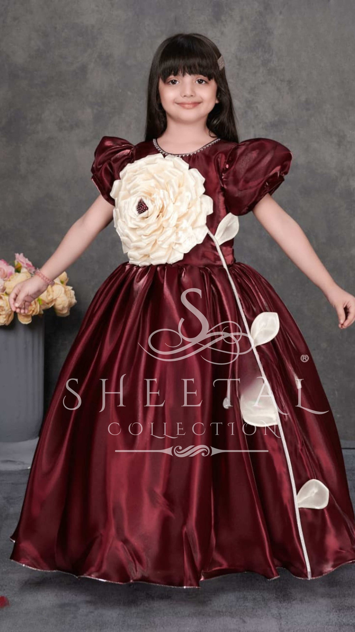 Burgundy Gown with Oversized Ivory Flower – Sheetal Collection