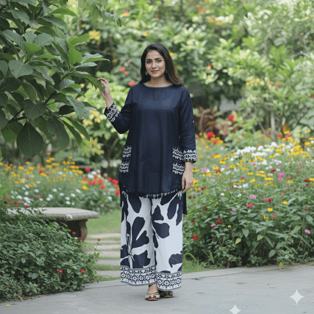 Black Printed Muslin Top & White Floral Flex Cotton Pant Set