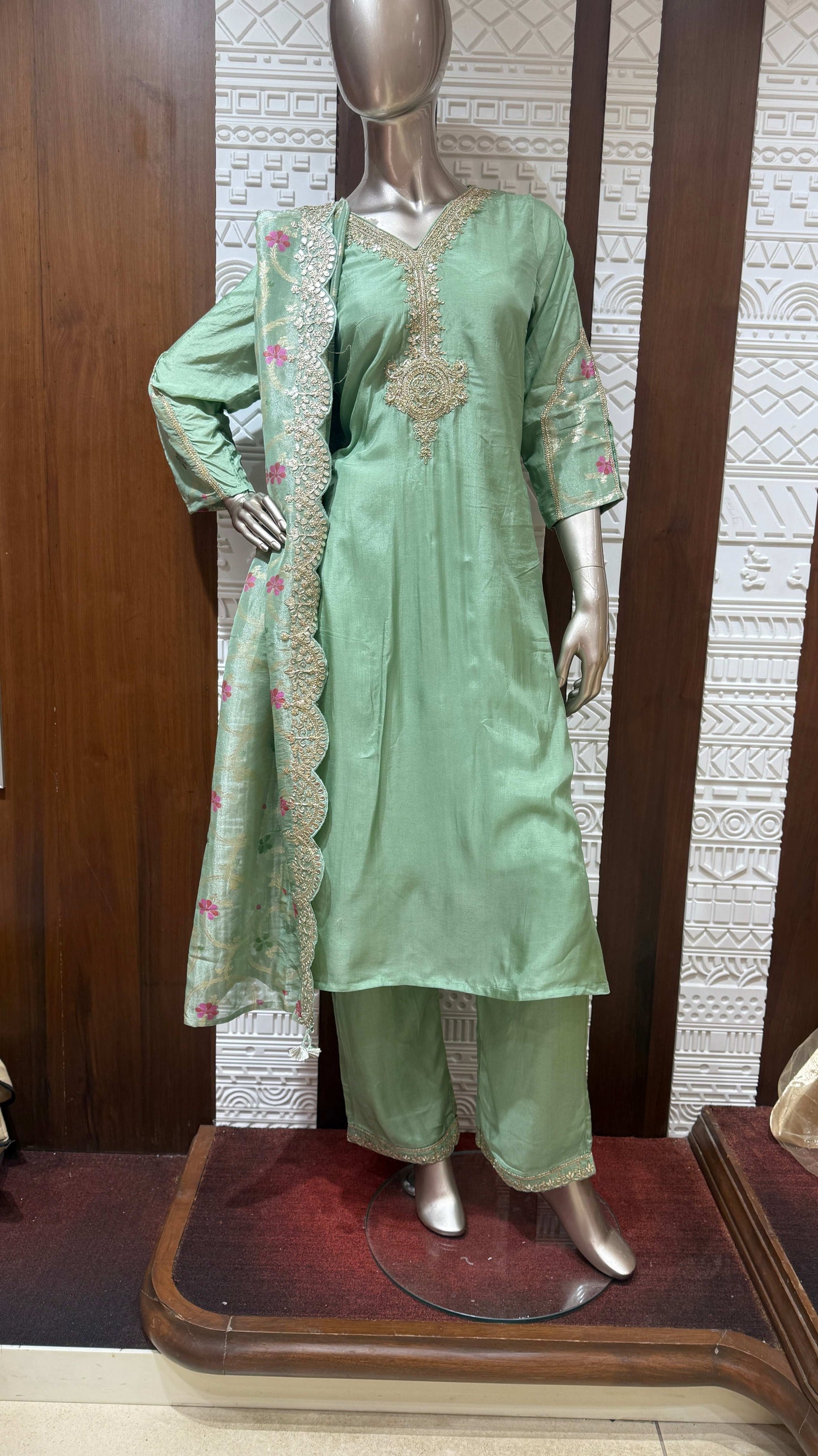 Mint Green Floral Embroidered Silk 3 Piece Suit Set β Sheetal Collection