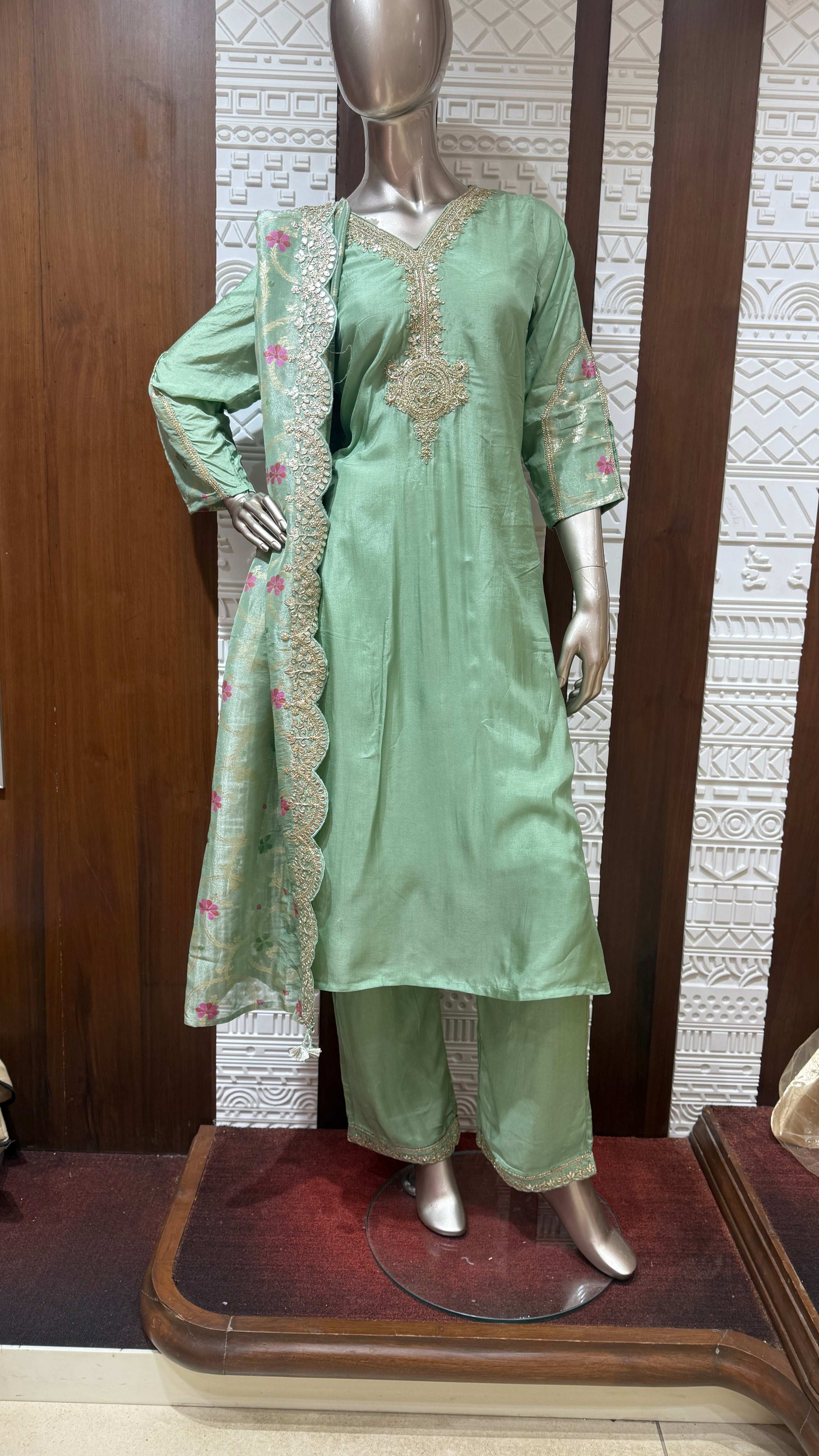 Mint Green Floral Embroidered Silk 3 Piece Suit Set β Sheetal Collection