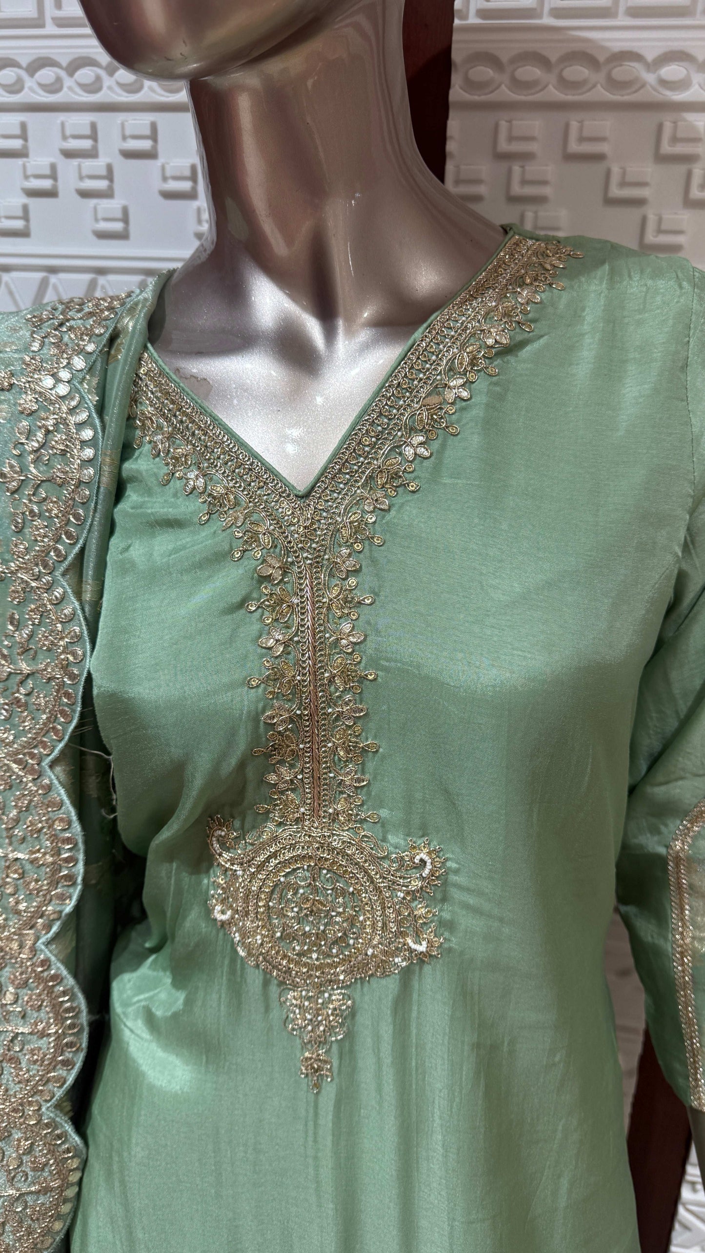 Mint Green Floral Embroidered Silk 3 Piece Suit Set β Sheetal Collection