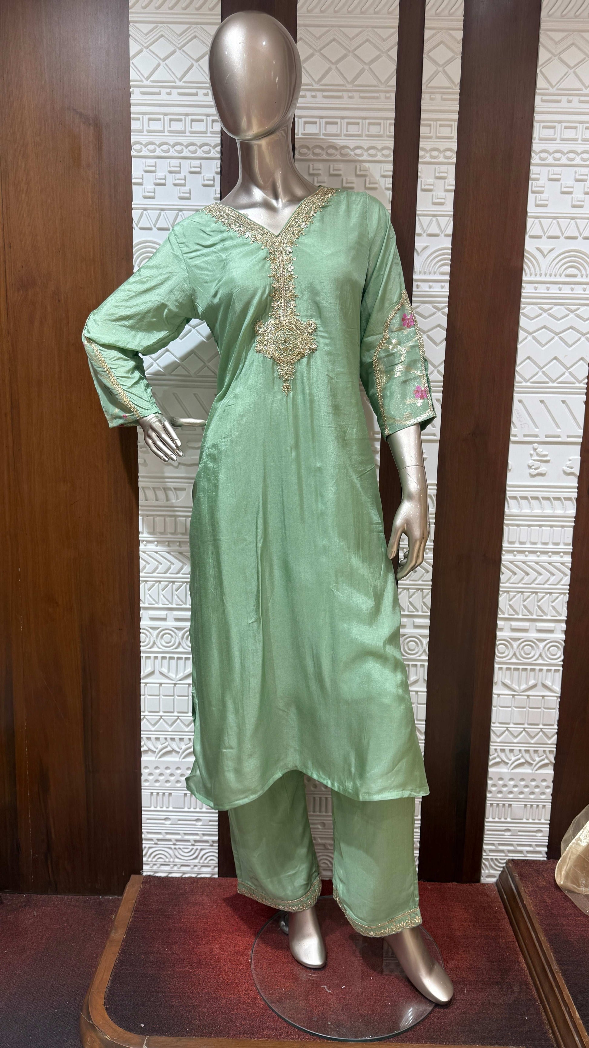 Mint Green Floral Embroidered Silk 3 Piece Suit Set β Sheetal Collection