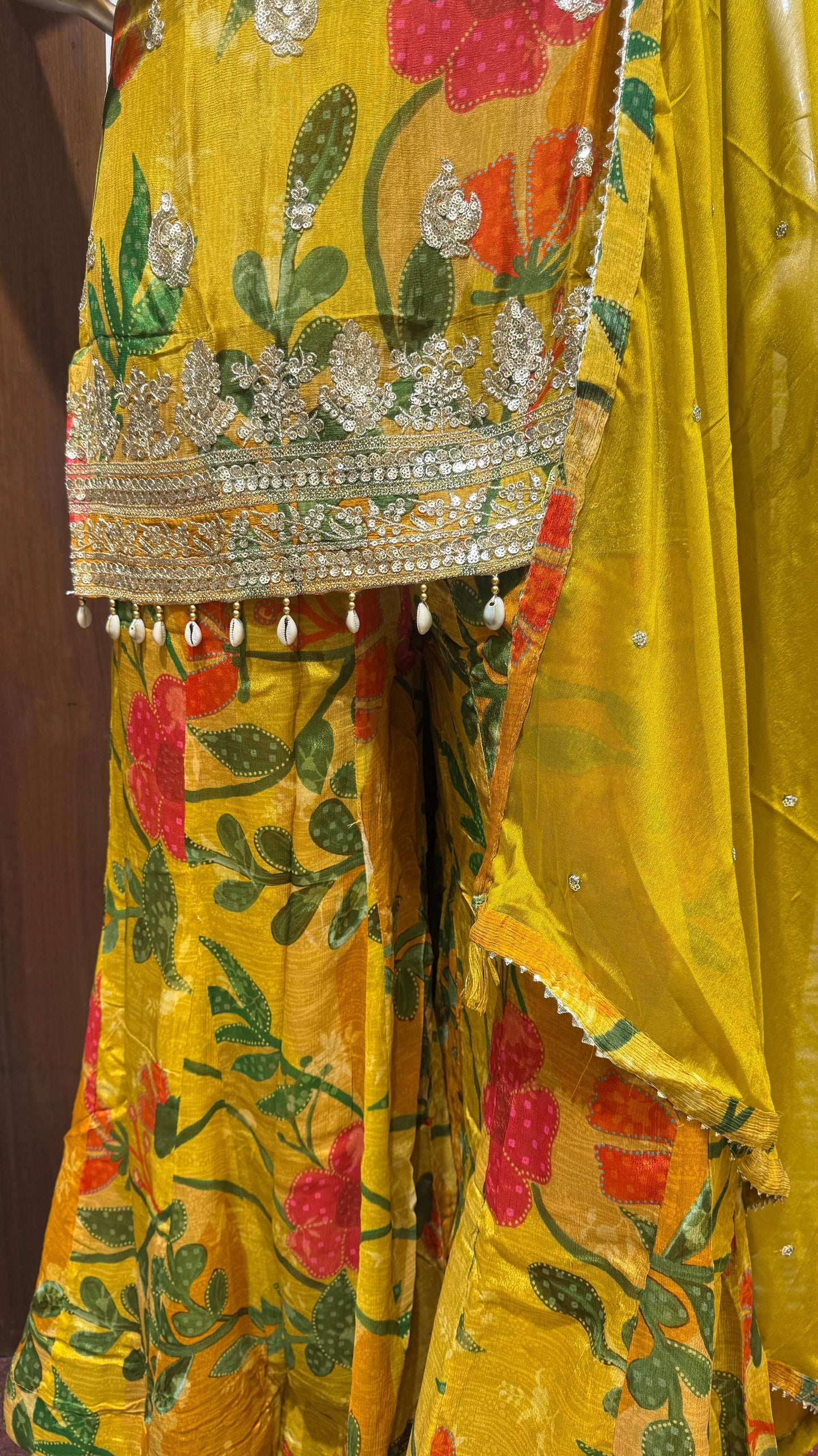 Yellow Floral Printed Chinon Sharara Set β Sheetal Collection