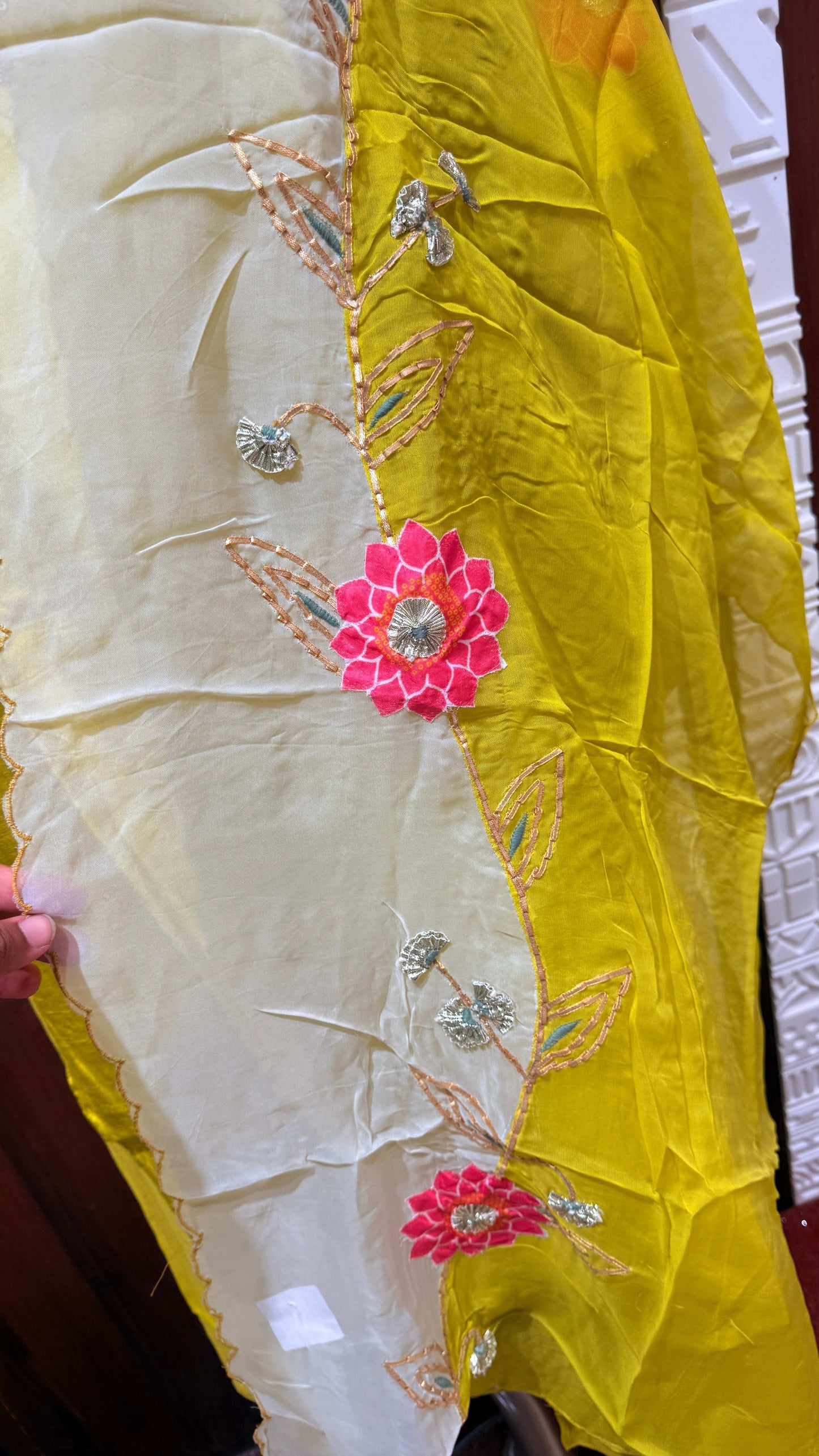 Yellow and Off-White Floral Embroidered Mul Chanderi Suit Set β Sheetal Collection