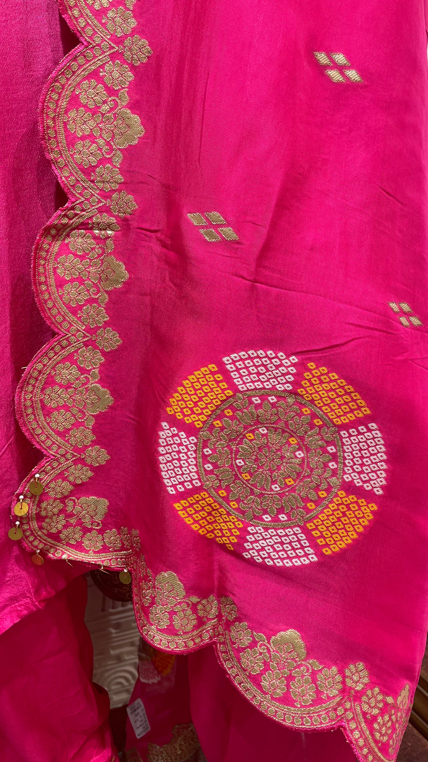 Pink Leheriya Embroidered Soft Slick Silk Sharara Set β Sheetal Collection
