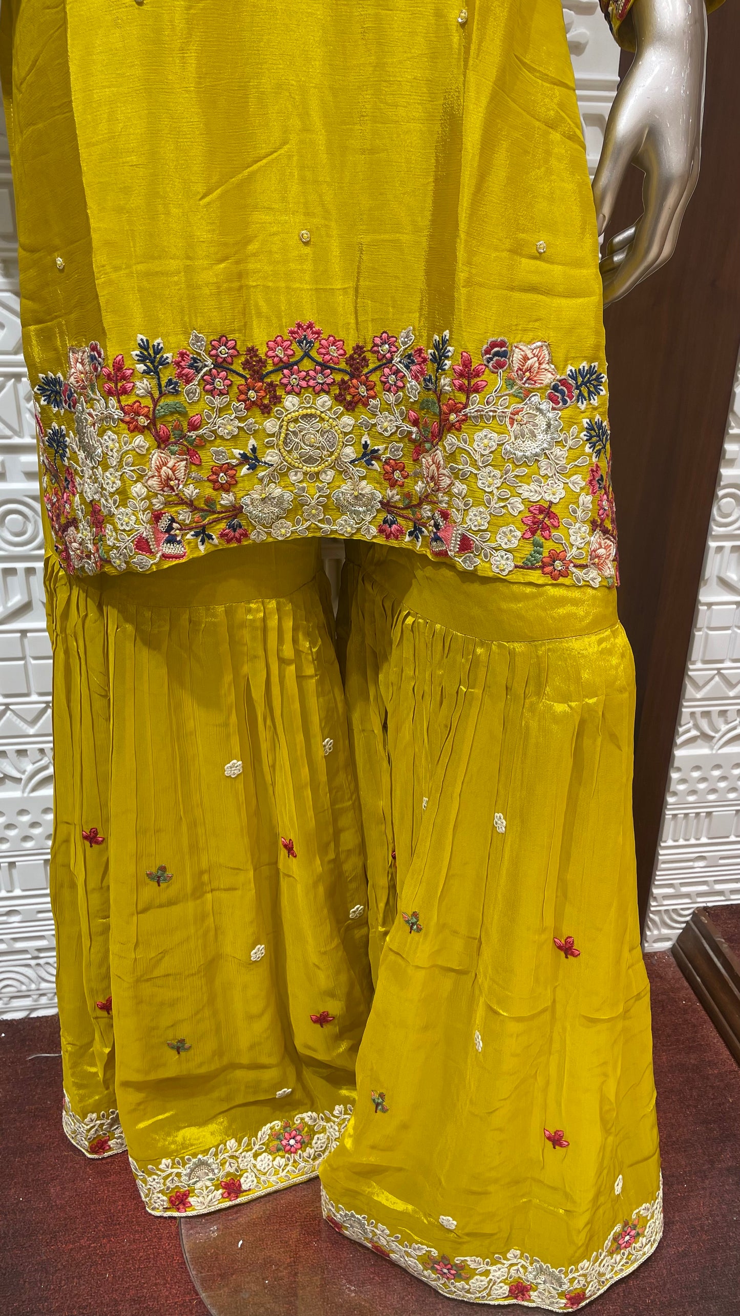 Yellow Floral Embroidered Pure chinnon Gharara Set β Sheetal Collection