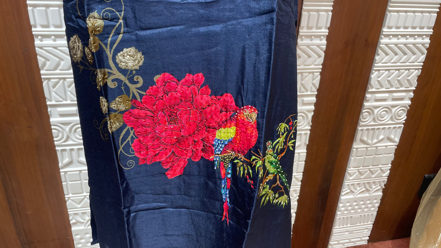 Navy Blue Floral Printed Silk 3 Piece Suit Set β Sheetal Collection
