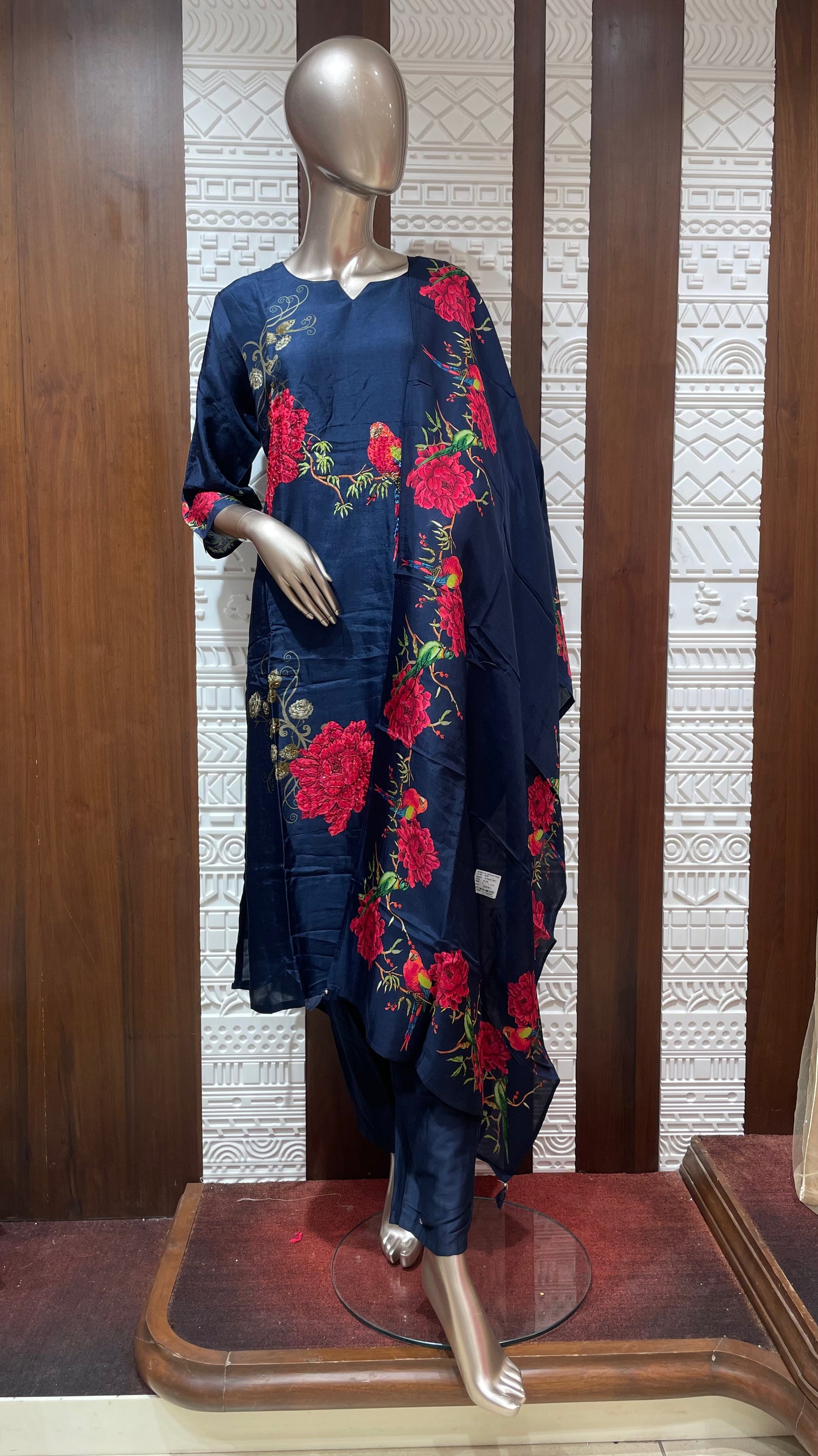 Navy Blue Floral Printed Silk 3 Piece Suit Set β Sheetal Collection