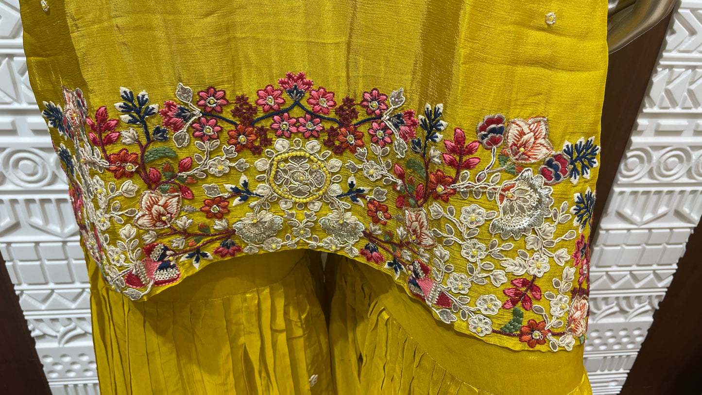 Yellow Floral Embroidered Pure chinnon Gharara Set β Sheetal Collection