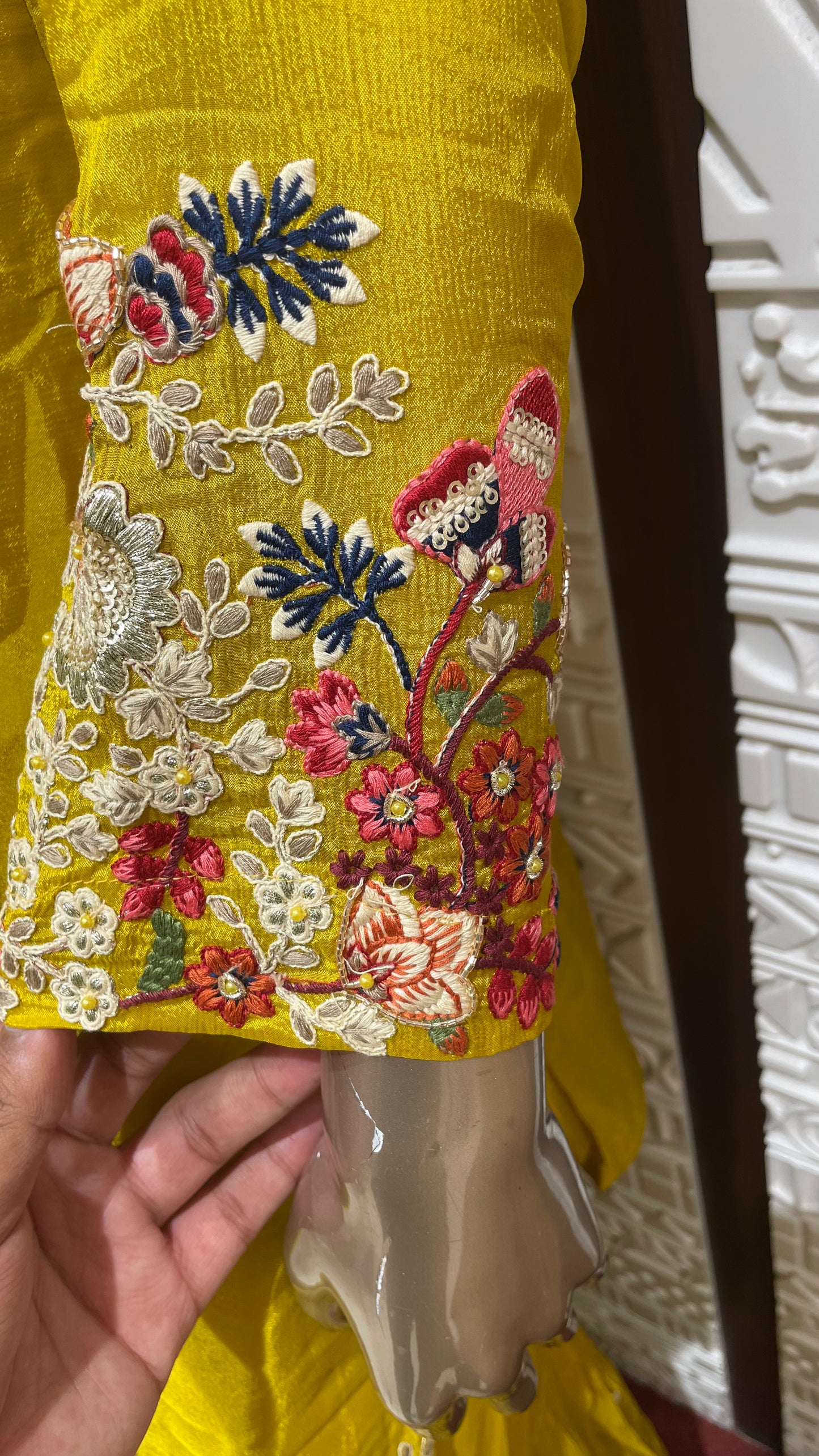 Yellow Floral Embroidered Pure chinnon Gharara Set β Sheetal Collection