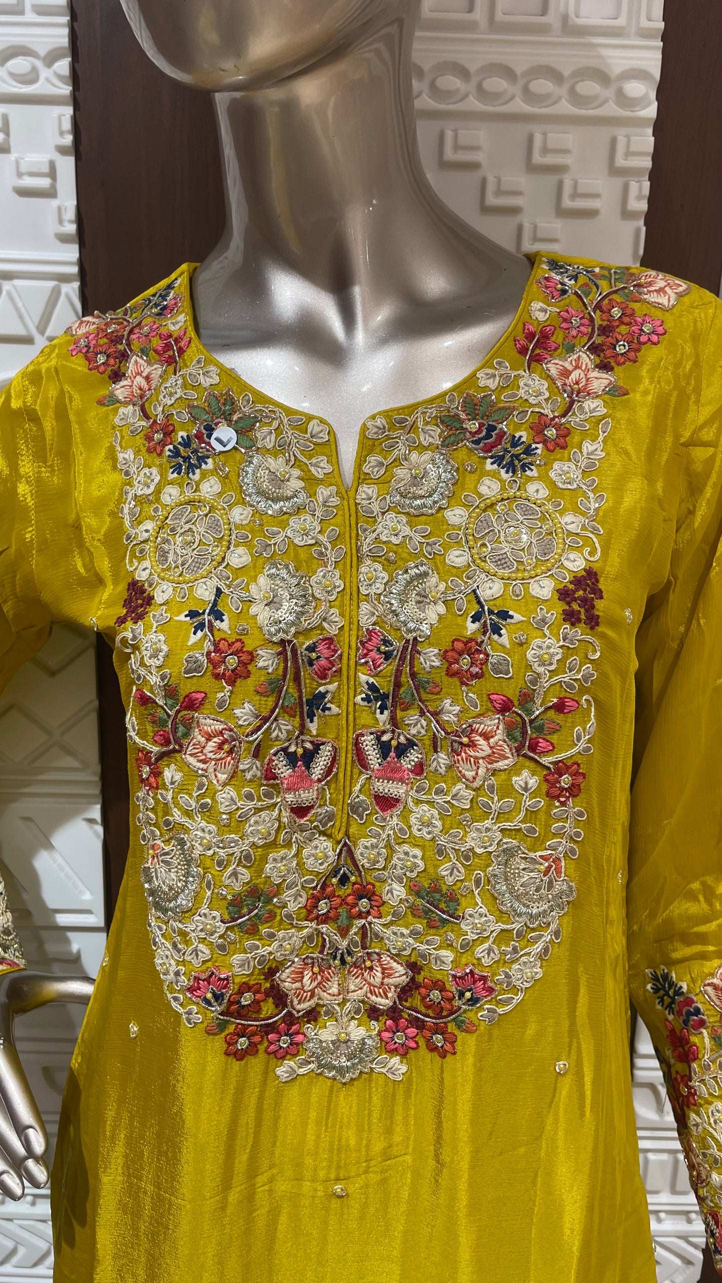 Yellow Floral Embroidered Pure chinnon Gharara Set β Sheetal Collection