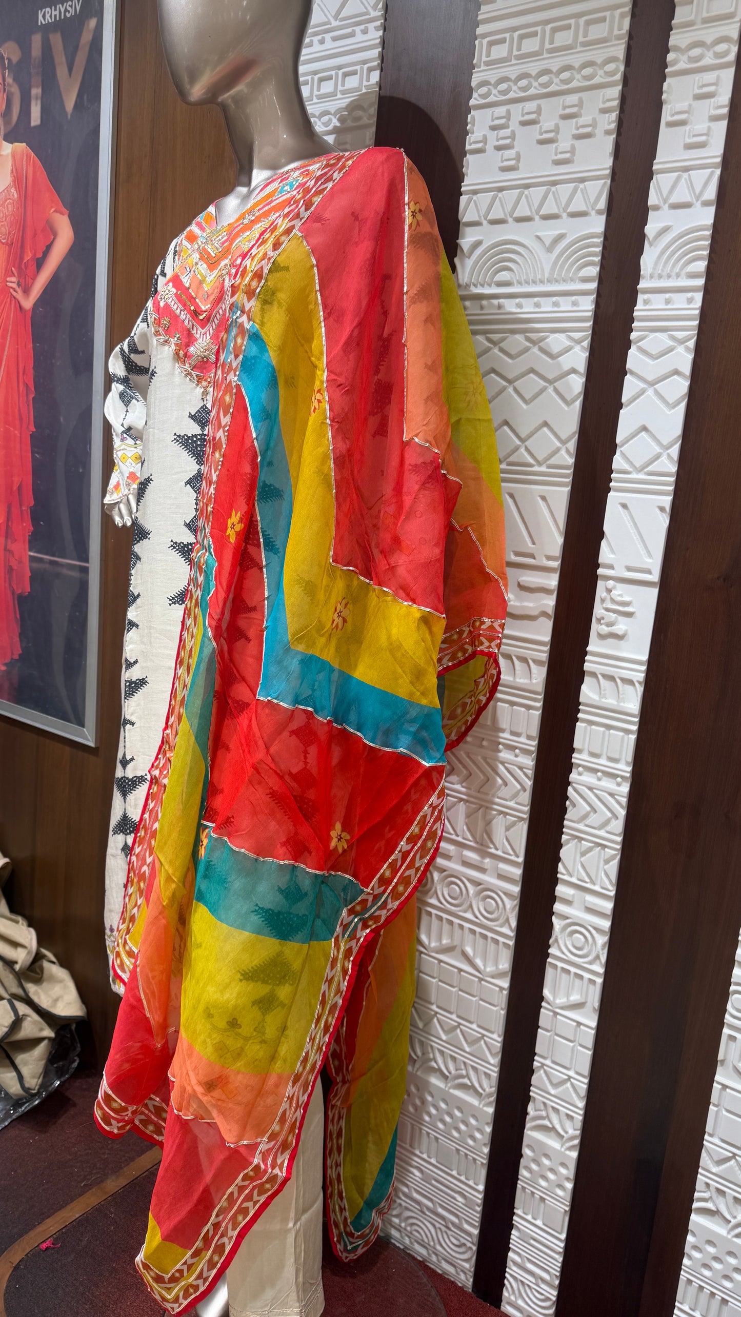Off-White Block Printed Soft Slick Suit with Multicolor Dupatta โ Sheetal Collection