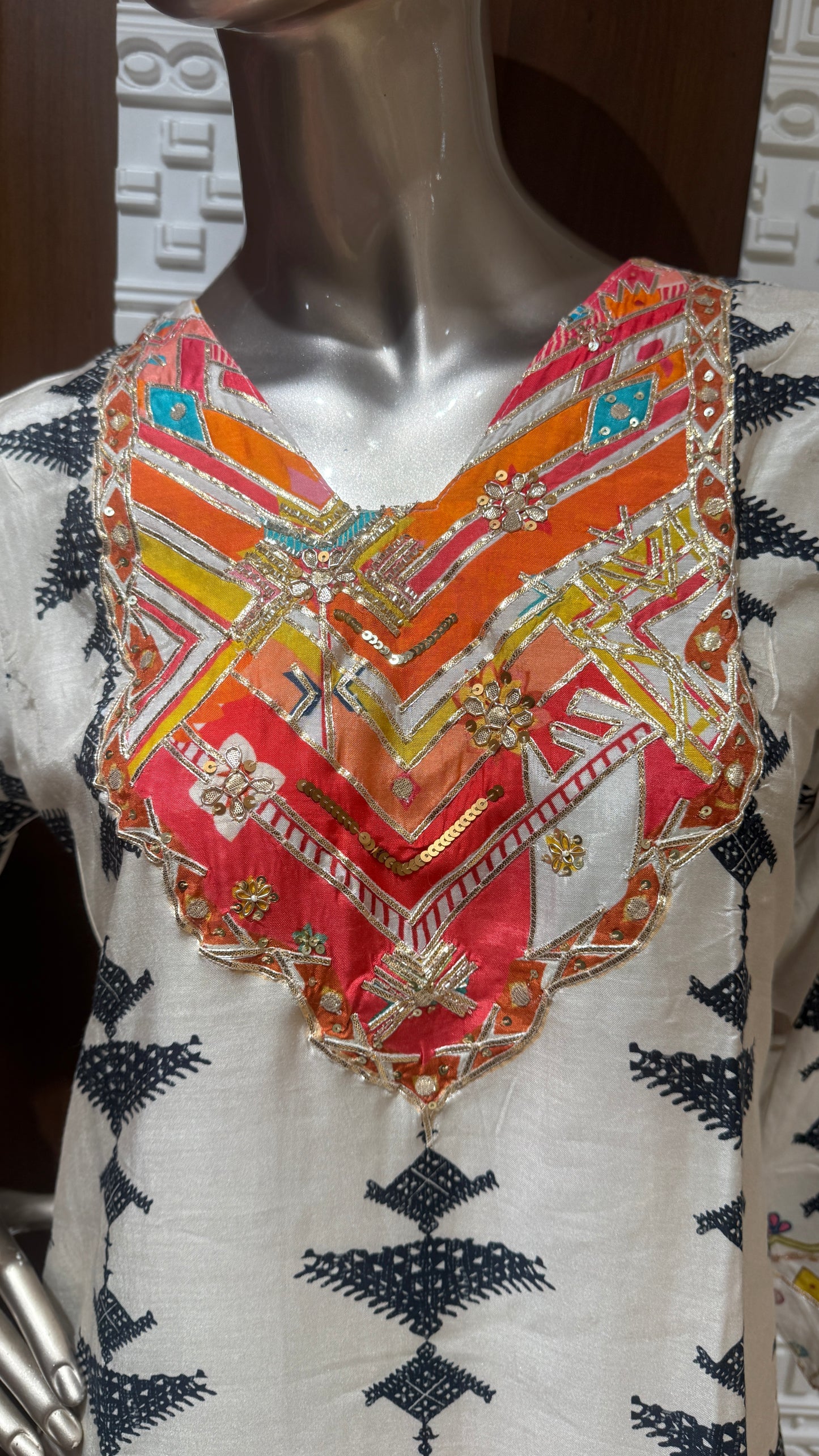 Off-White Block Printed Soft Slick Suit with Multicolor Dupatta โ Sheetal Collection