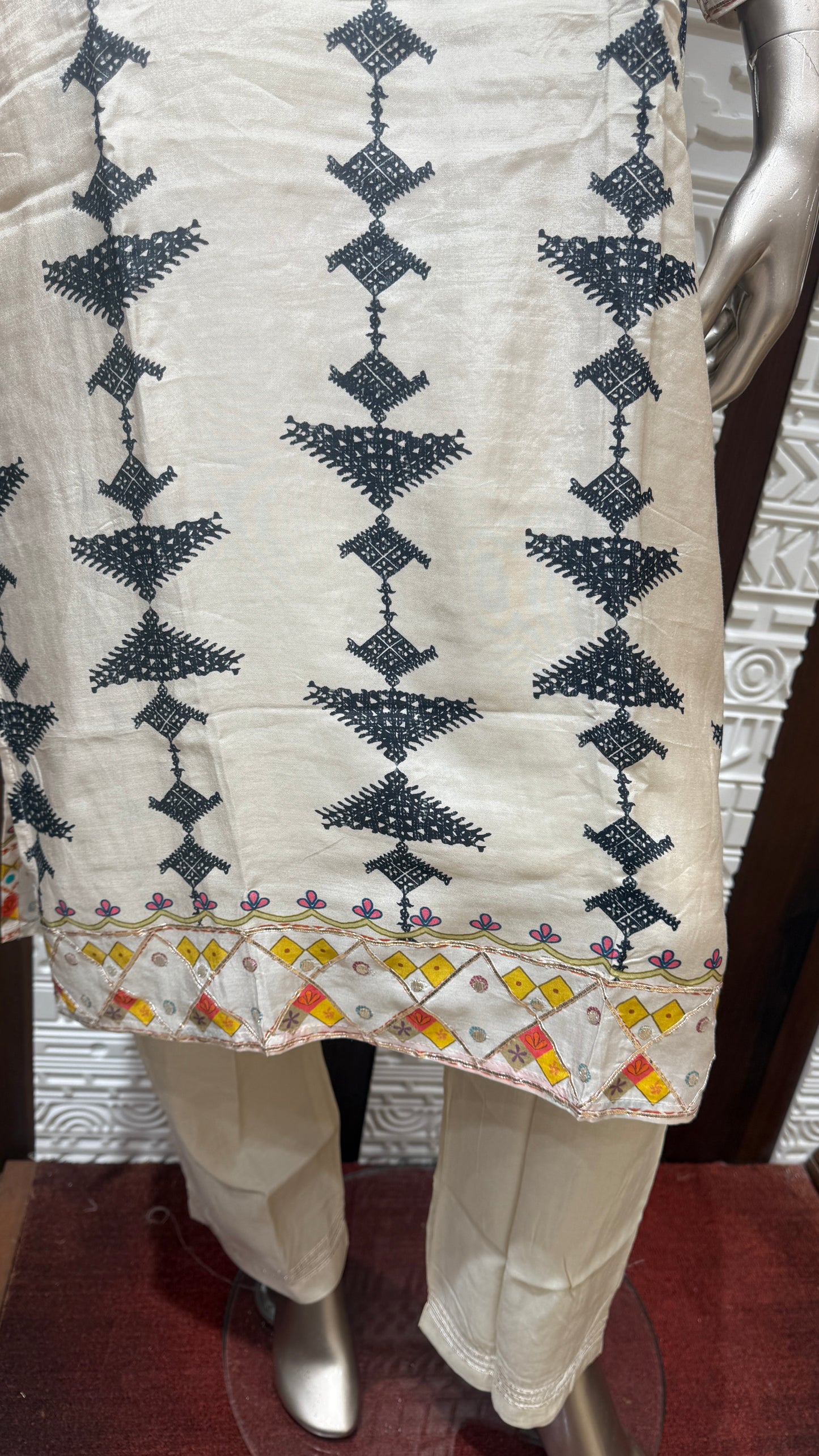 Off-White Block Printed Soft Slick Suit with Multicolor Dupatta โ Sheetal Collection