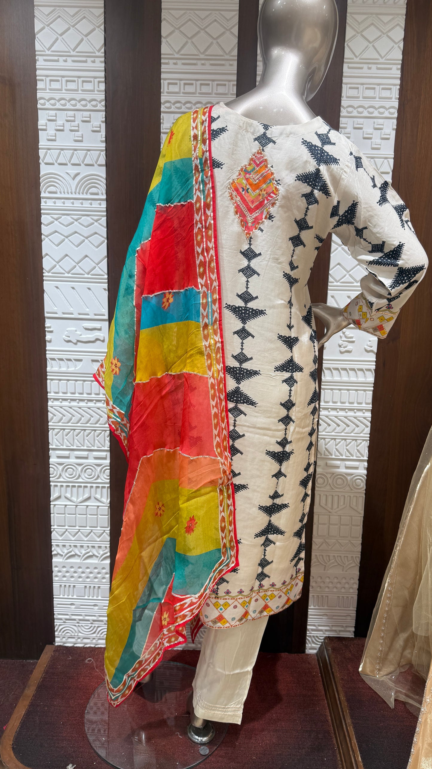 Off-White Block Printed Soft Slick Suit with Multicolor Dupatta โ Sheetal Collection