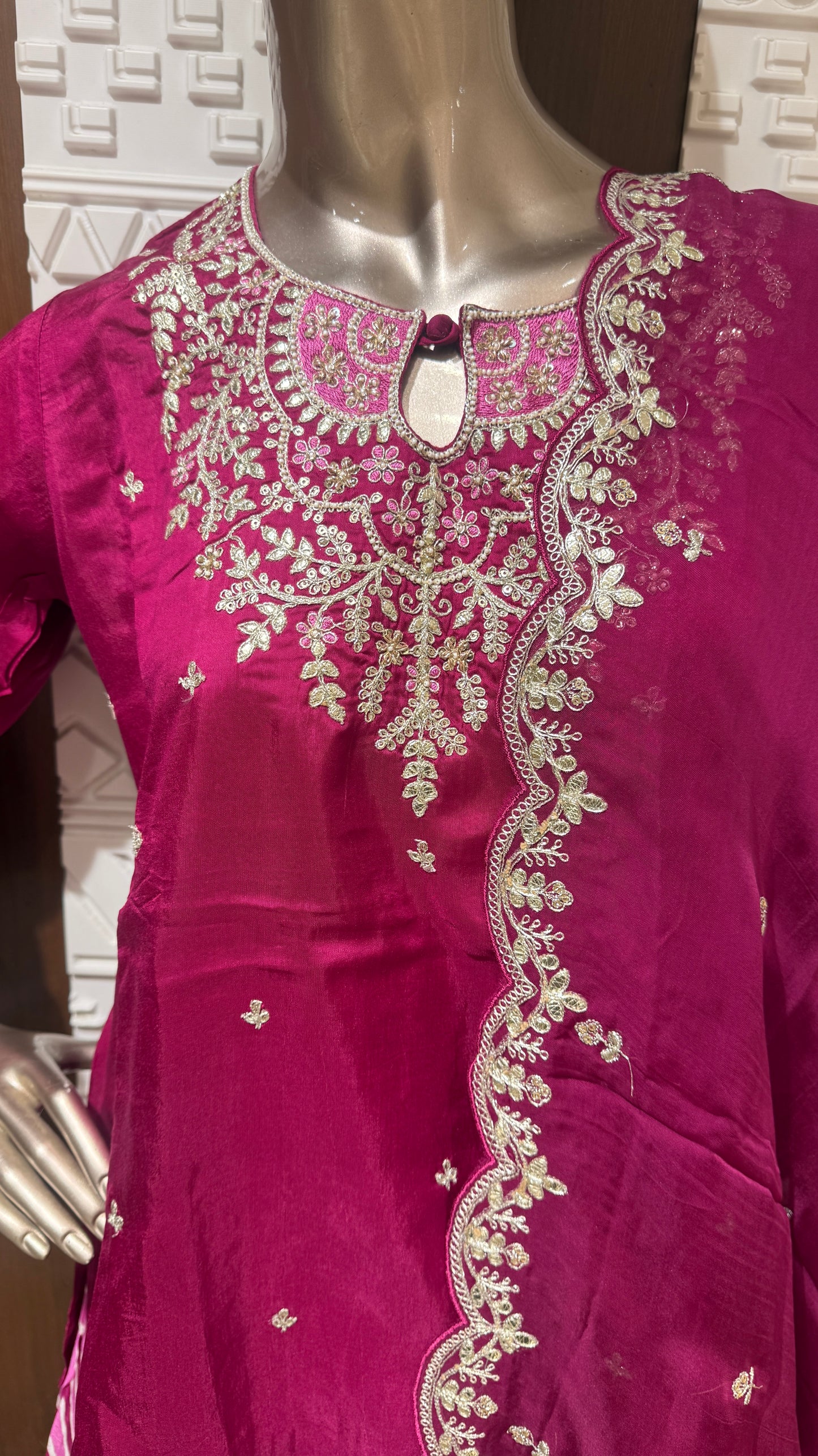 Magenta Embroidered Soft Slick Silk Lehenga Set with Leheriya Skirt โ Sheetal Collection