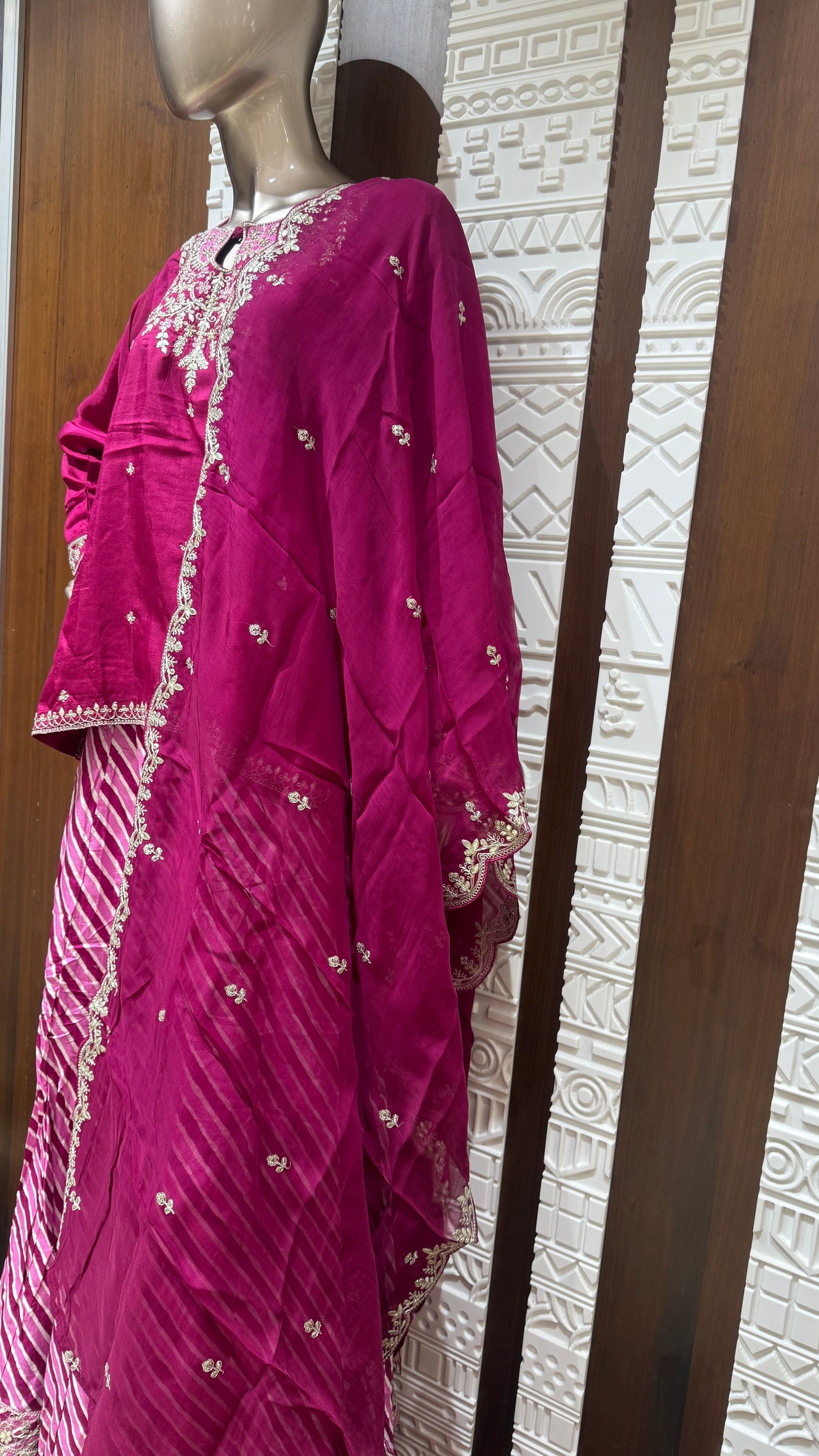 Magenta Embroidered Soft Slick Silk Lehenga Set with Leheriya Skirt โ Sheetal Collection