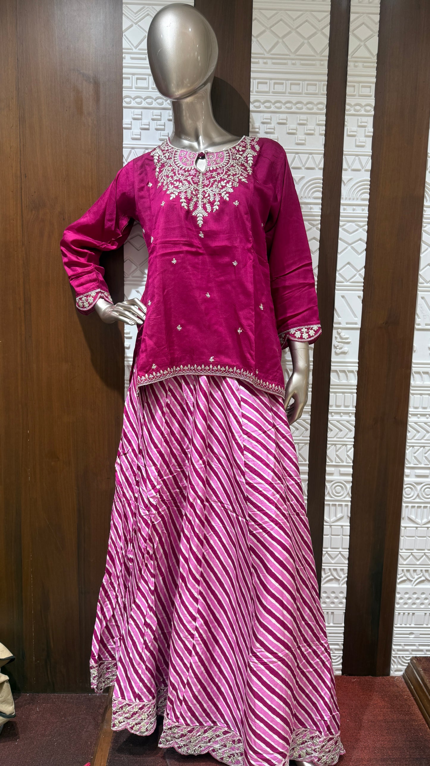 Magenta Embroidered Soft Slick Silk Lehenga Set with Leheriya Skirt โ Sheetal Collection