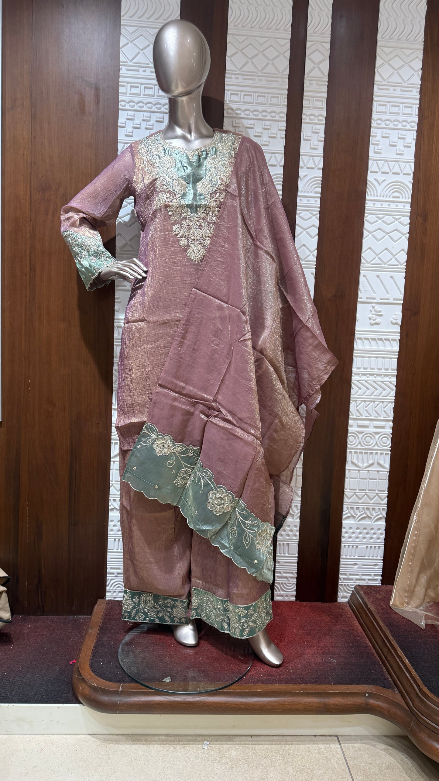 Mauve Pink Embroidered Soft Tissue Palazzo Set with Mint Green Dupatta โ Sheetal Collection