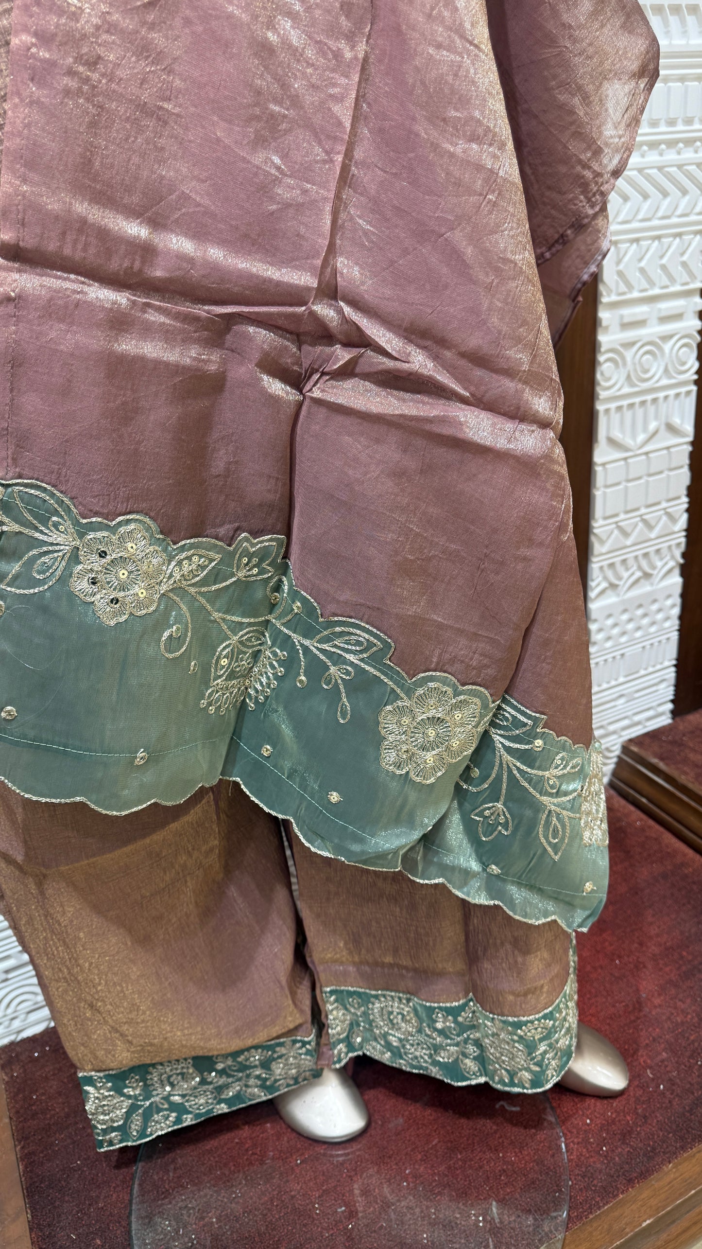 Mauve Pink Embroidered Soft Tissue Palazzo Set with Mint Green Dupatta โ Sheetal Collection