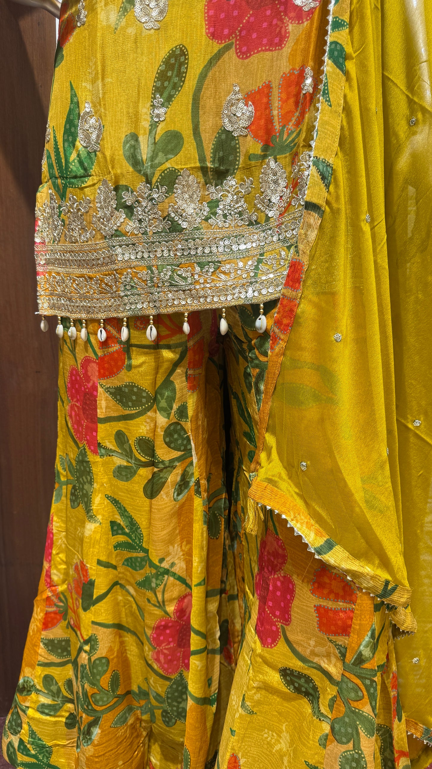 Yellow Floral Printed Chinon Sharara Set โ Sheetal Collection