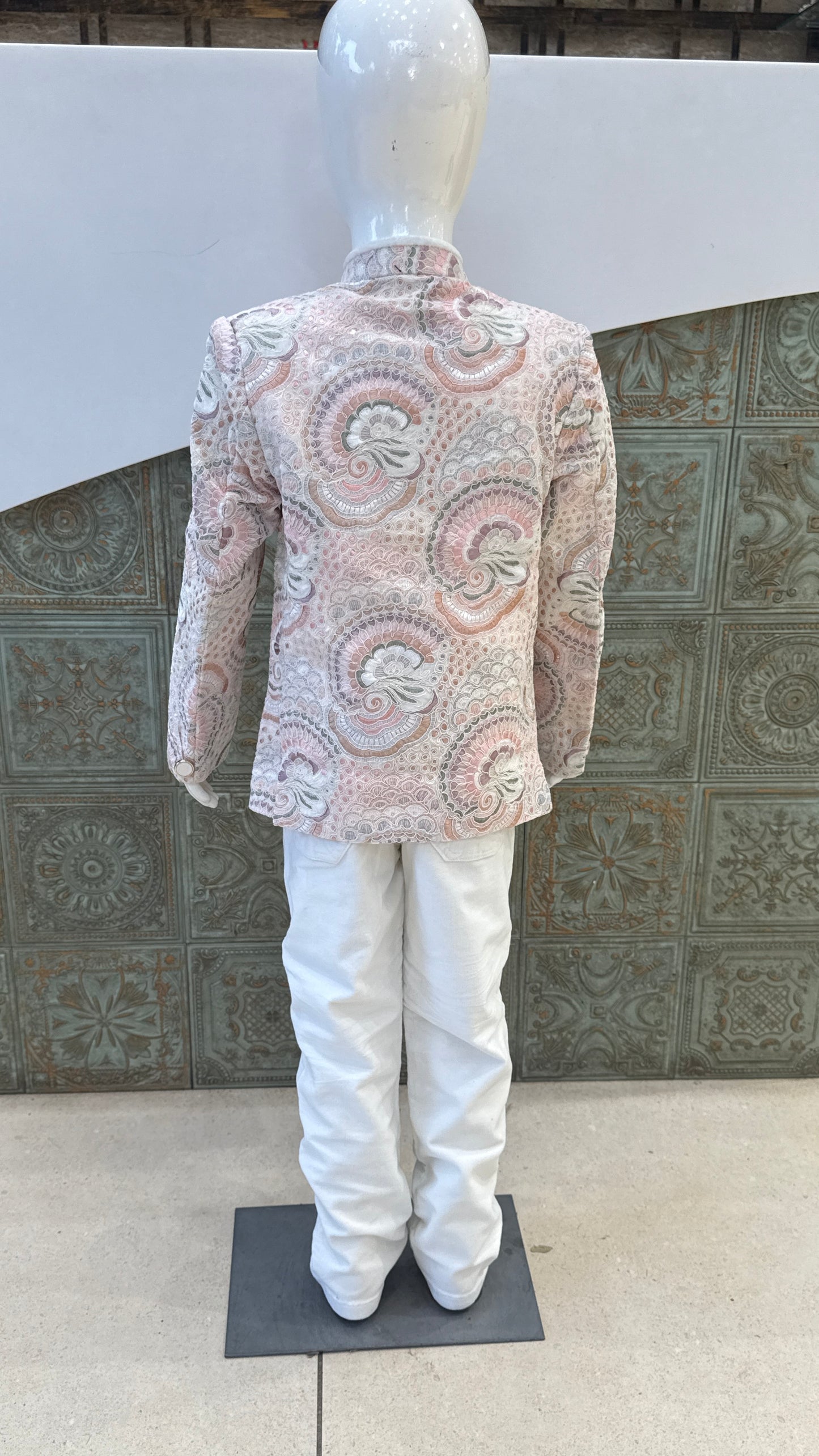 White Embroidered Indo-Western Jacket with Pink Border for Boys