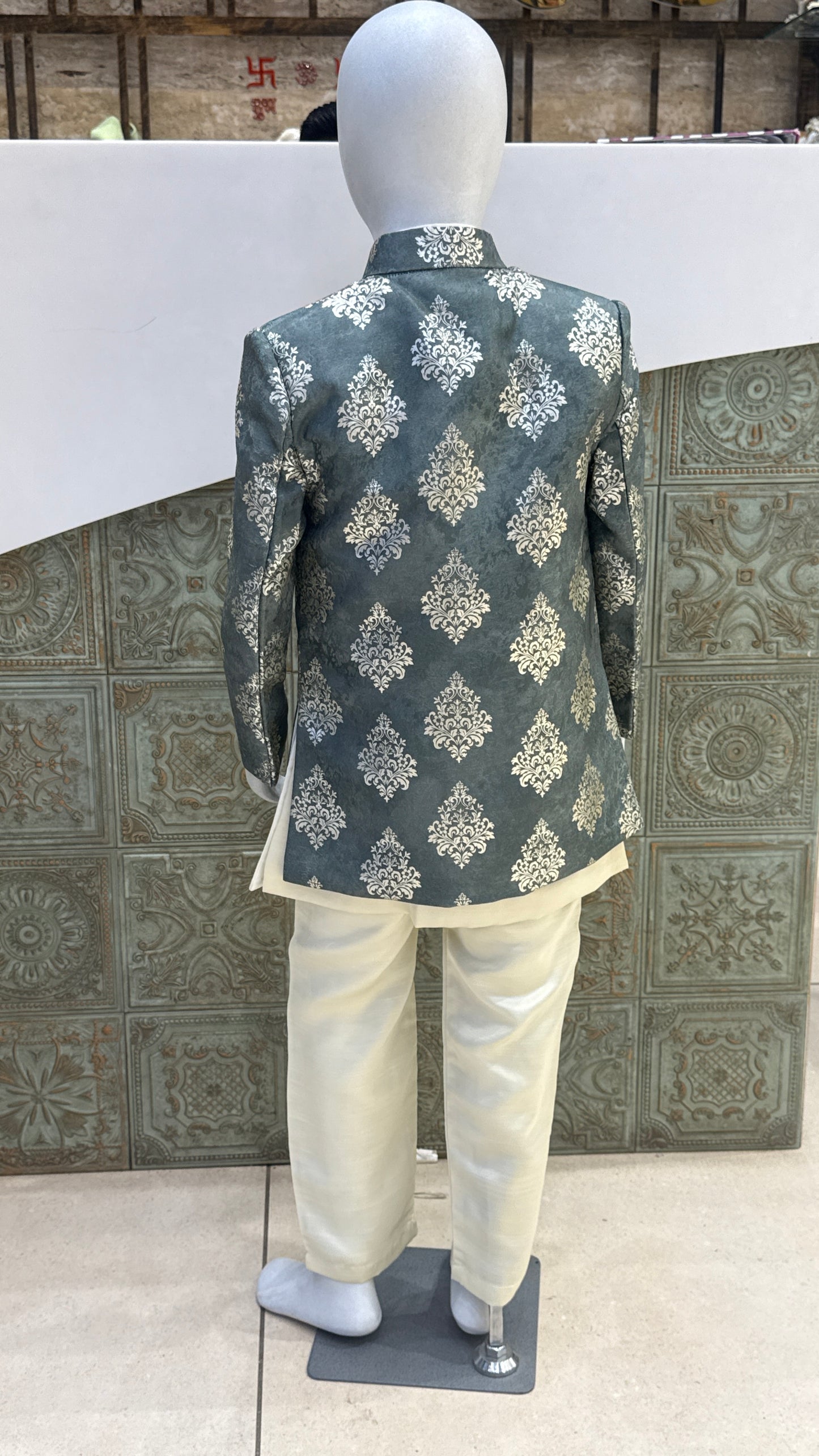 Grey and Silver Embroidered Indo-Western Jacket for Boys