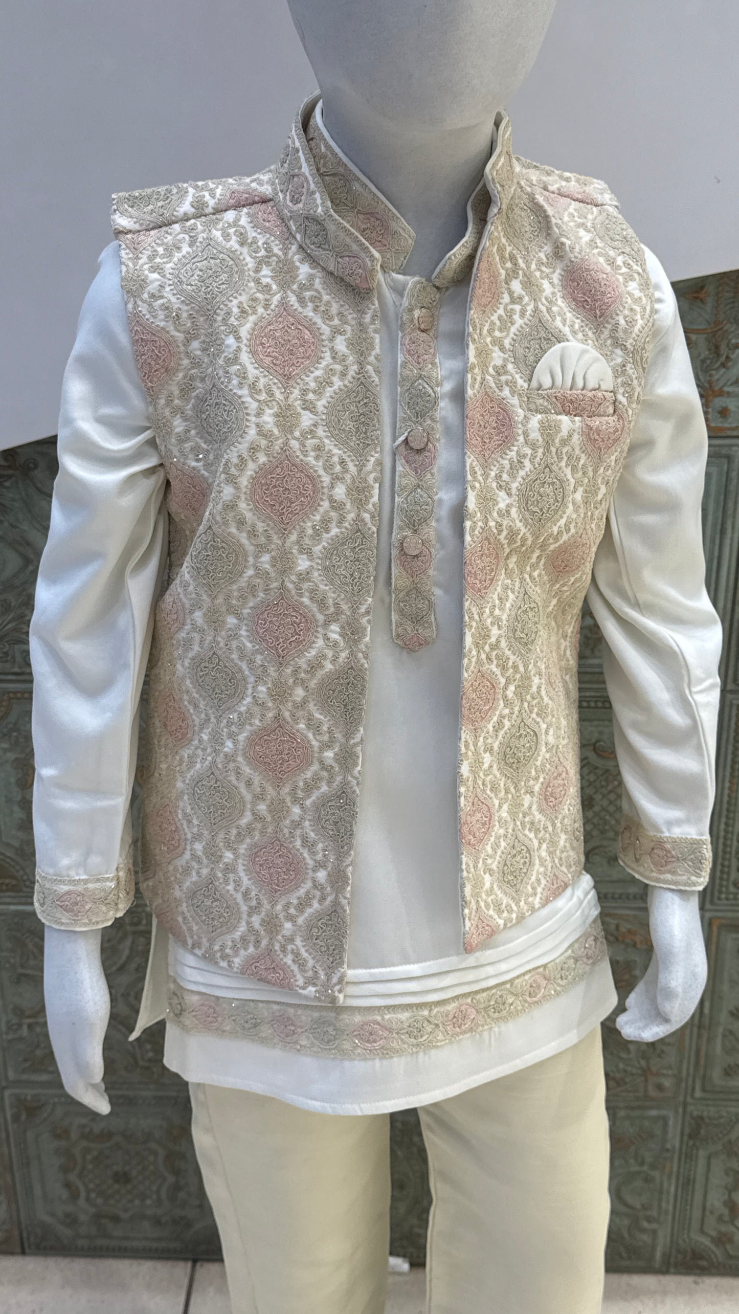 White Embroidered Indo-Western Jacket with Pastel Accents for Boys