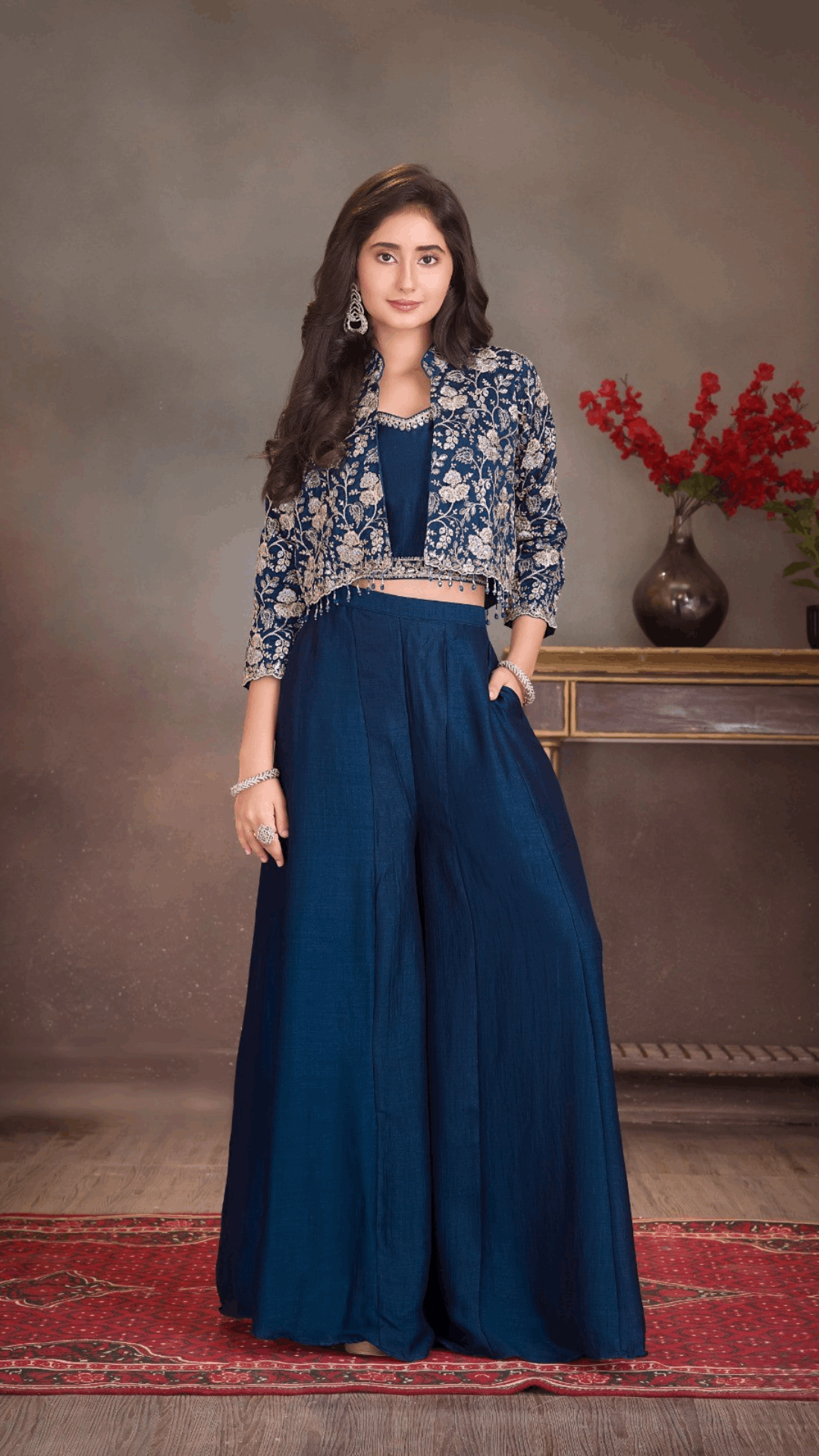 Navy Blue Palazzo Set with Embroidered Jacket for Girls