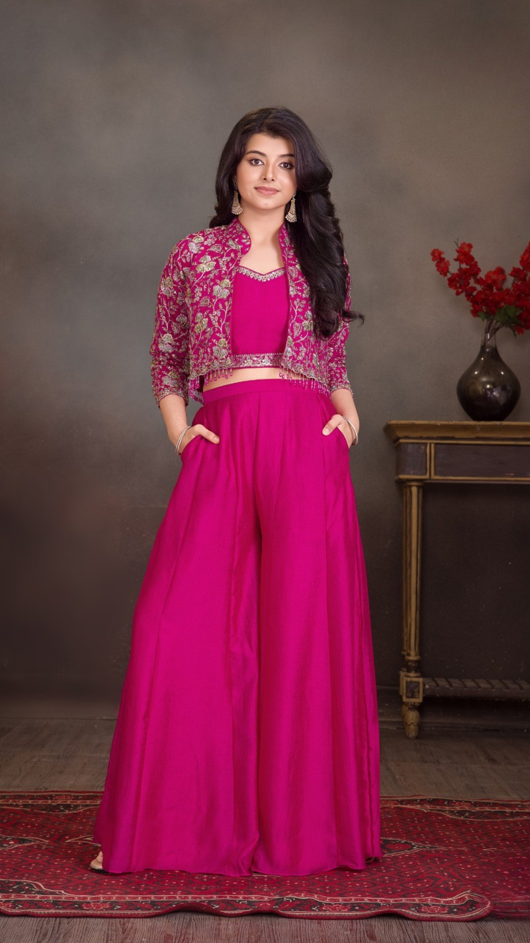 Magenta Palazzo Set with Embroidered Jacket for Girls