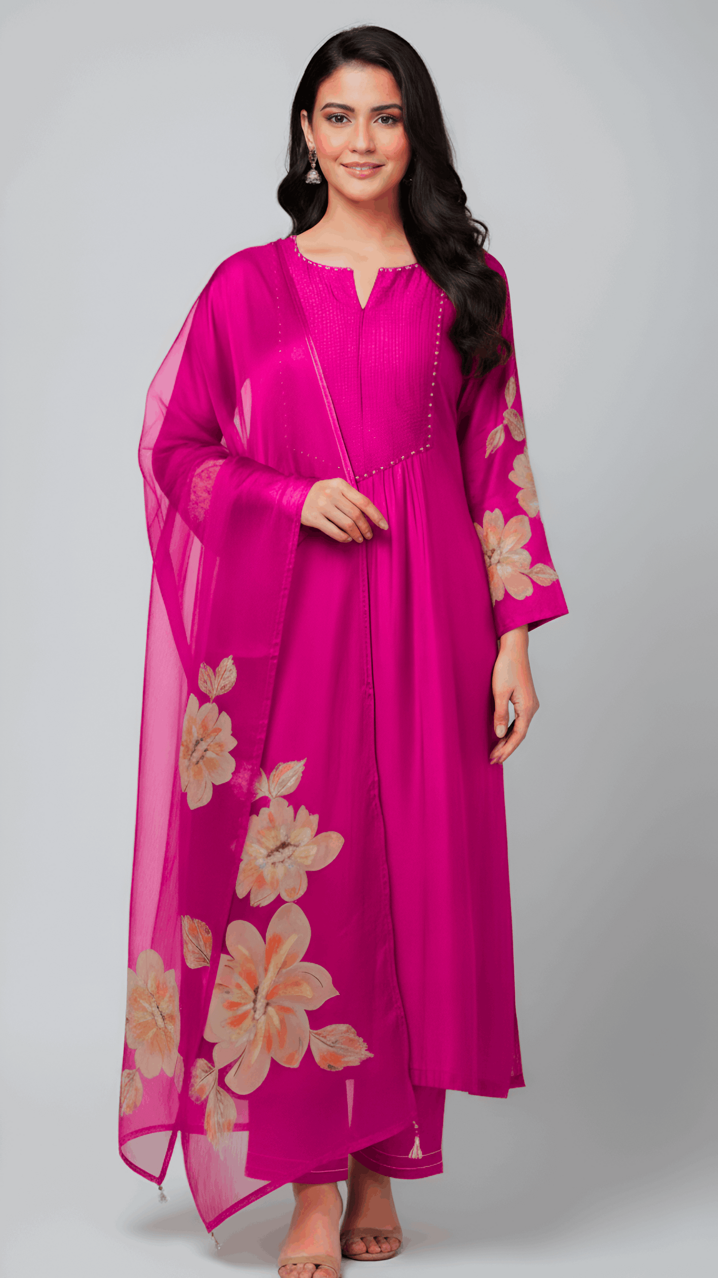 Hot Pink Floral Embroidered Mul Chanderi Suit Set β Sheetal Collection Description: