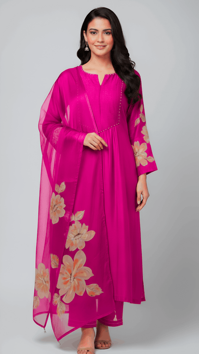 Hot Pink Floral Embroidered Mul Chanderi Suit Set – Sheetal Collection Description:
