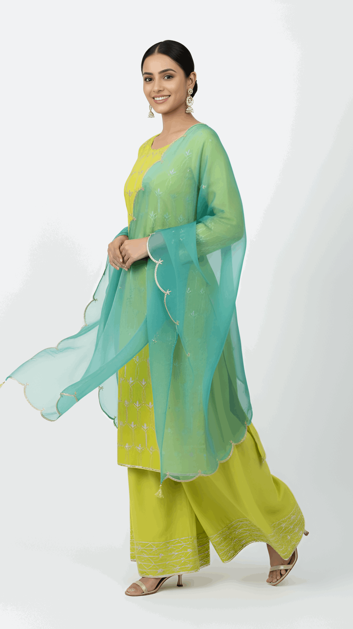 Lime Green & Aqua Blue 3-Piece Suit Set โ Mul Chanderi Collection