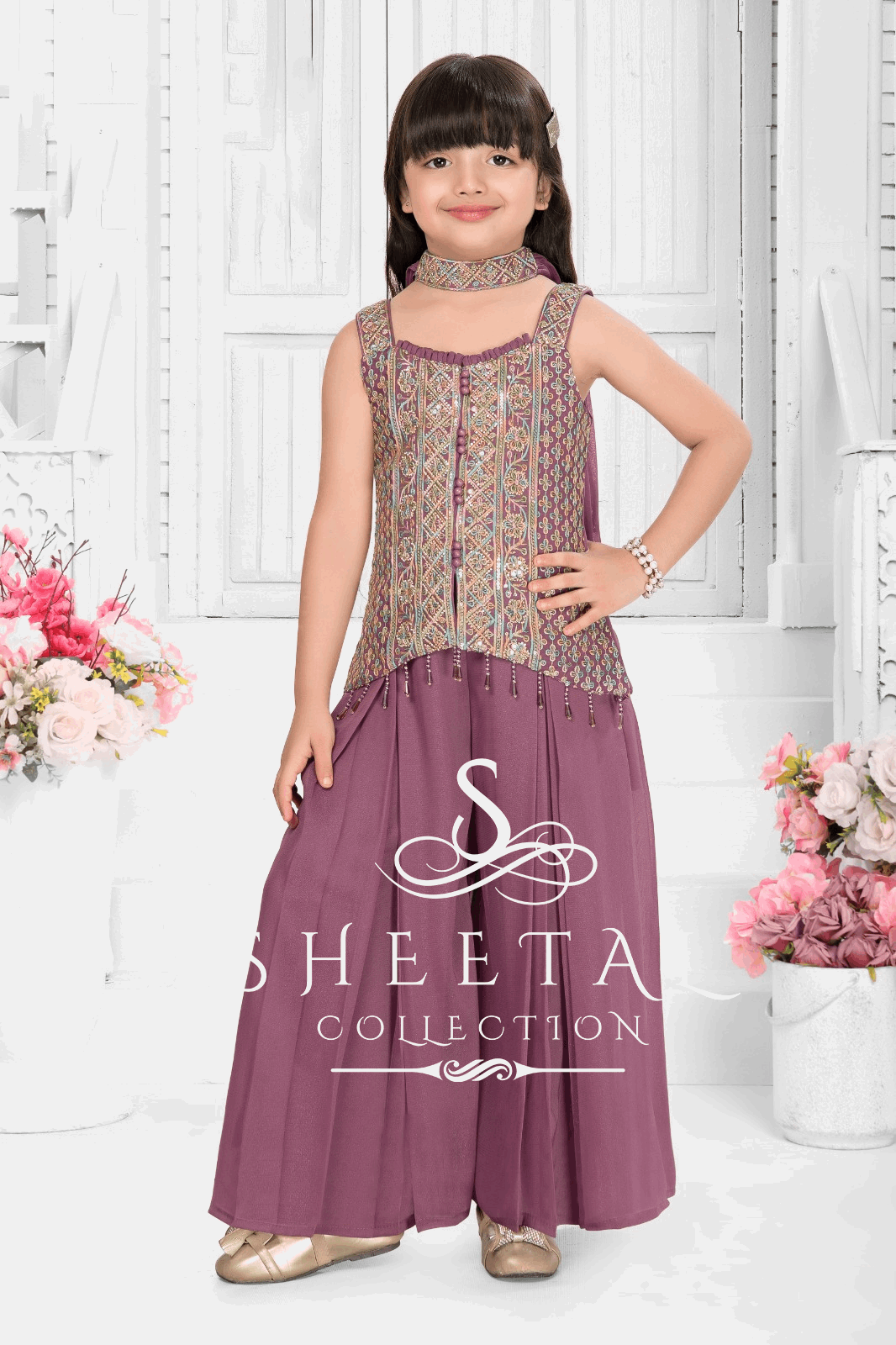 Mauve Palazzo Set with Embroidered Jacket & Choker