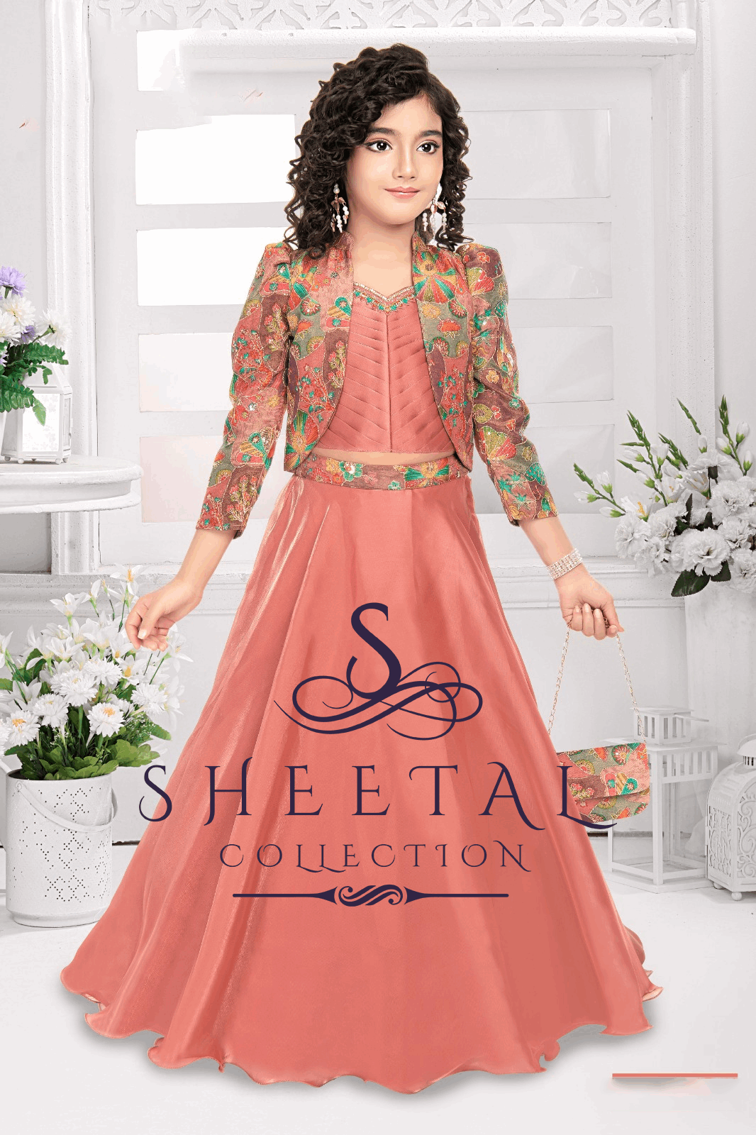 Peach Gown & Floral Jacket Set – Trisha Girl’s Ethnic Studio