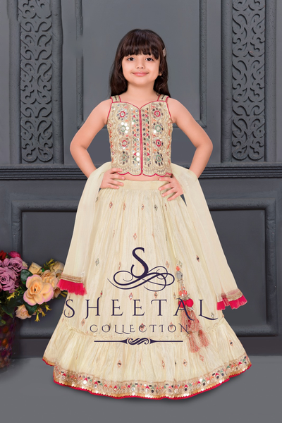 Ivory Mirror Work Lehenga Choli Set with Pink Tassel Dupatta