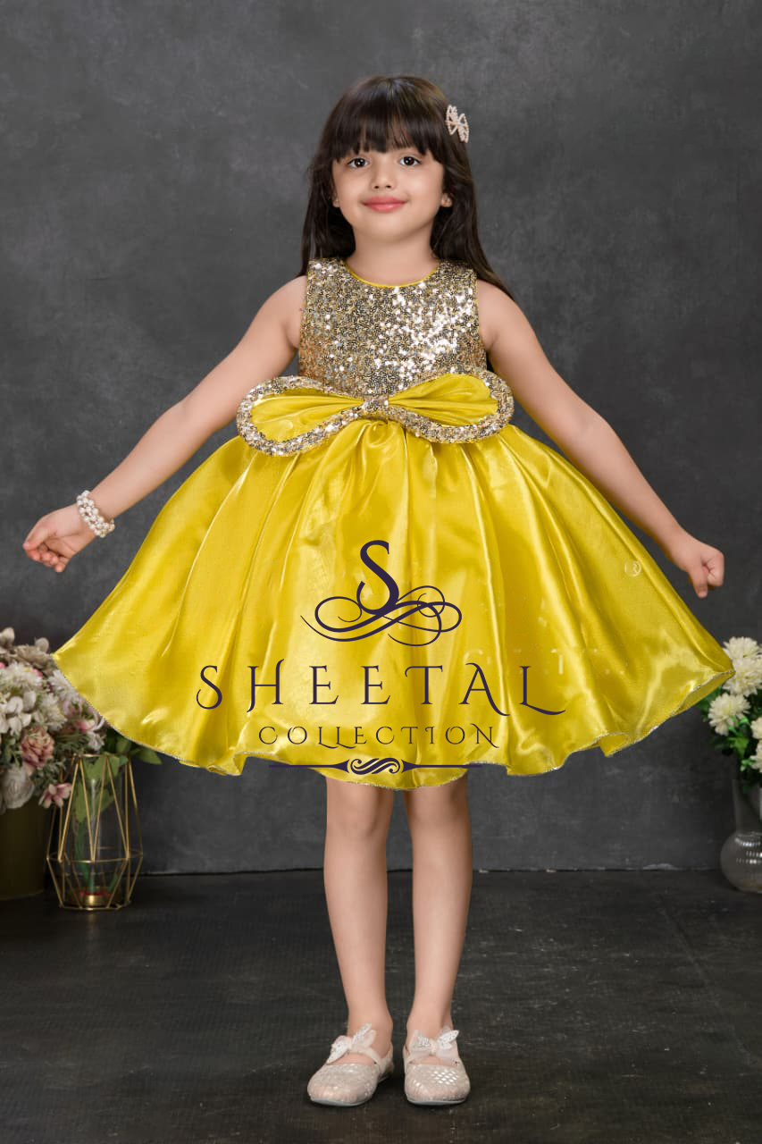 Yellow Sequin Bodice Satin Party Dress with Big Bow