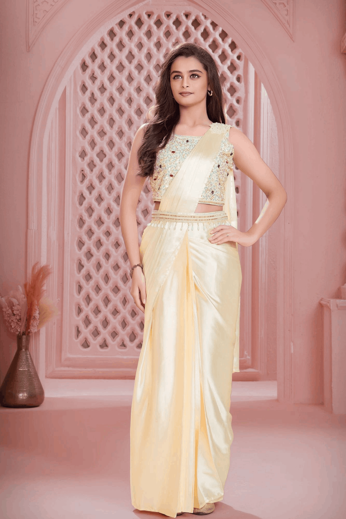Pastel Yellow Satin Pre-Draped Saree Style Lehenga with Stone Embroidery