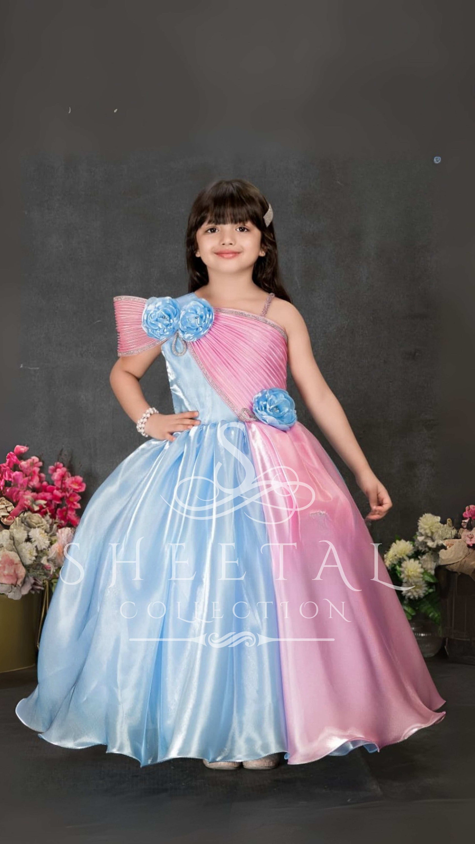 Blue and Pink Asymmetric Princess Gown – Sheetal Collection