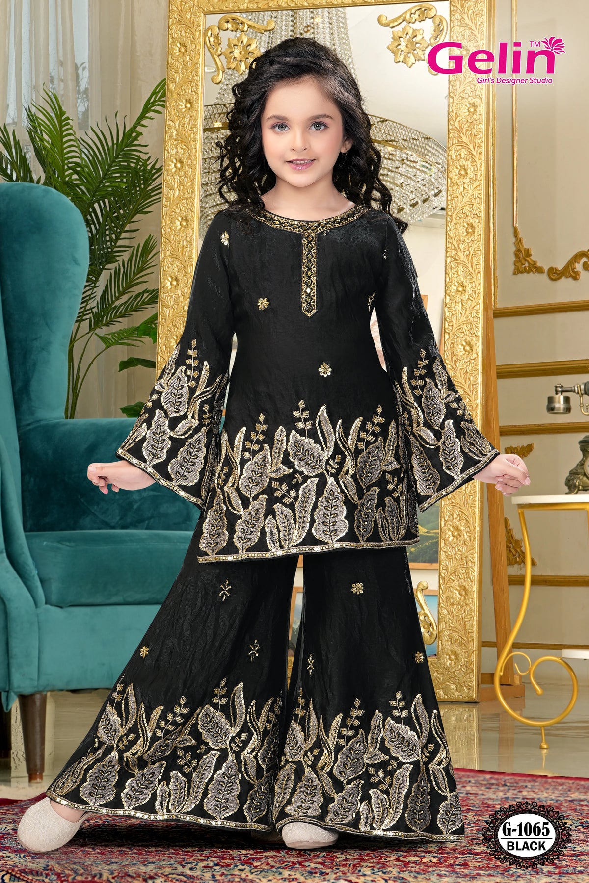 Girls Floral Embroidered Flared Sharara Set with Dupatta