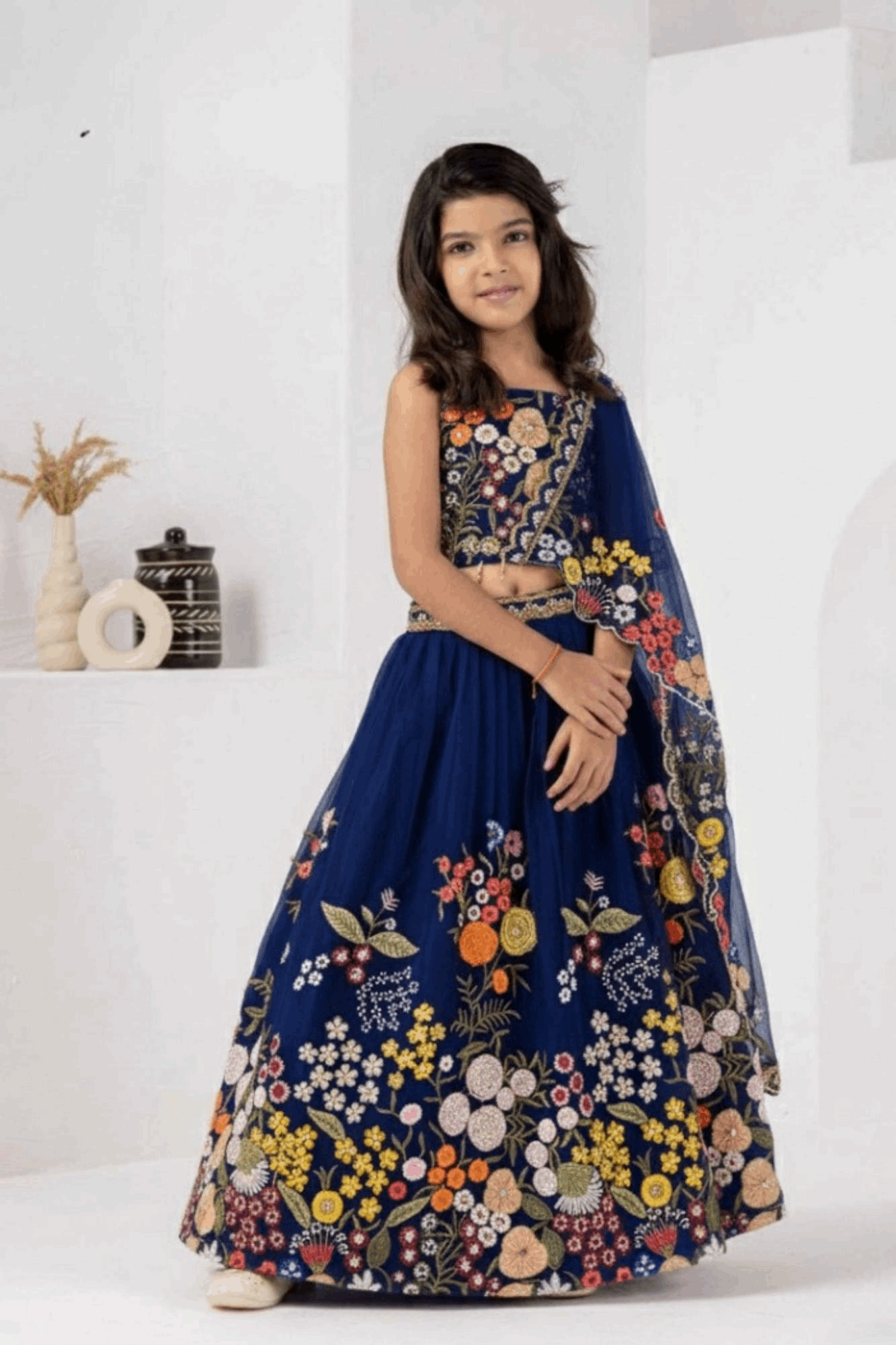 Navy Blue Floral Embroidered Kids Lehenga Choli with Dupatta