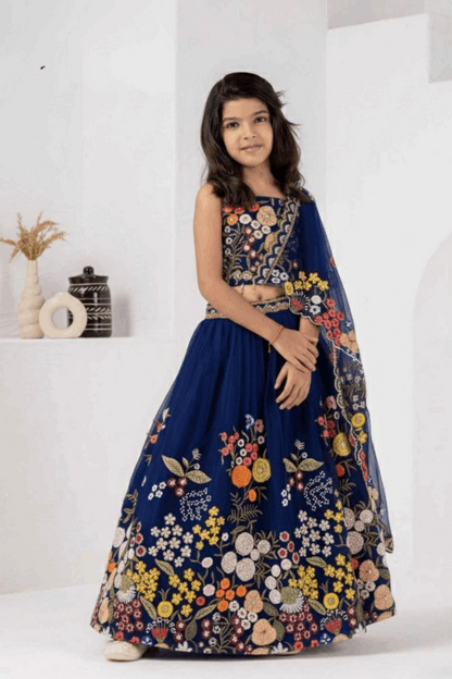 Navy Blue Floral Embroidered Kids Lehenga Choli with Dupatta